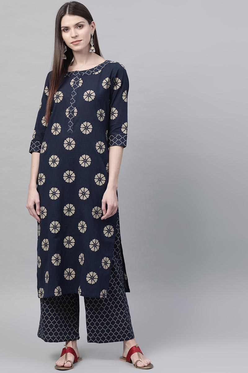 Ahika Navy Blue Pure Cotton Floral Printed Kurta Set VKSET1001