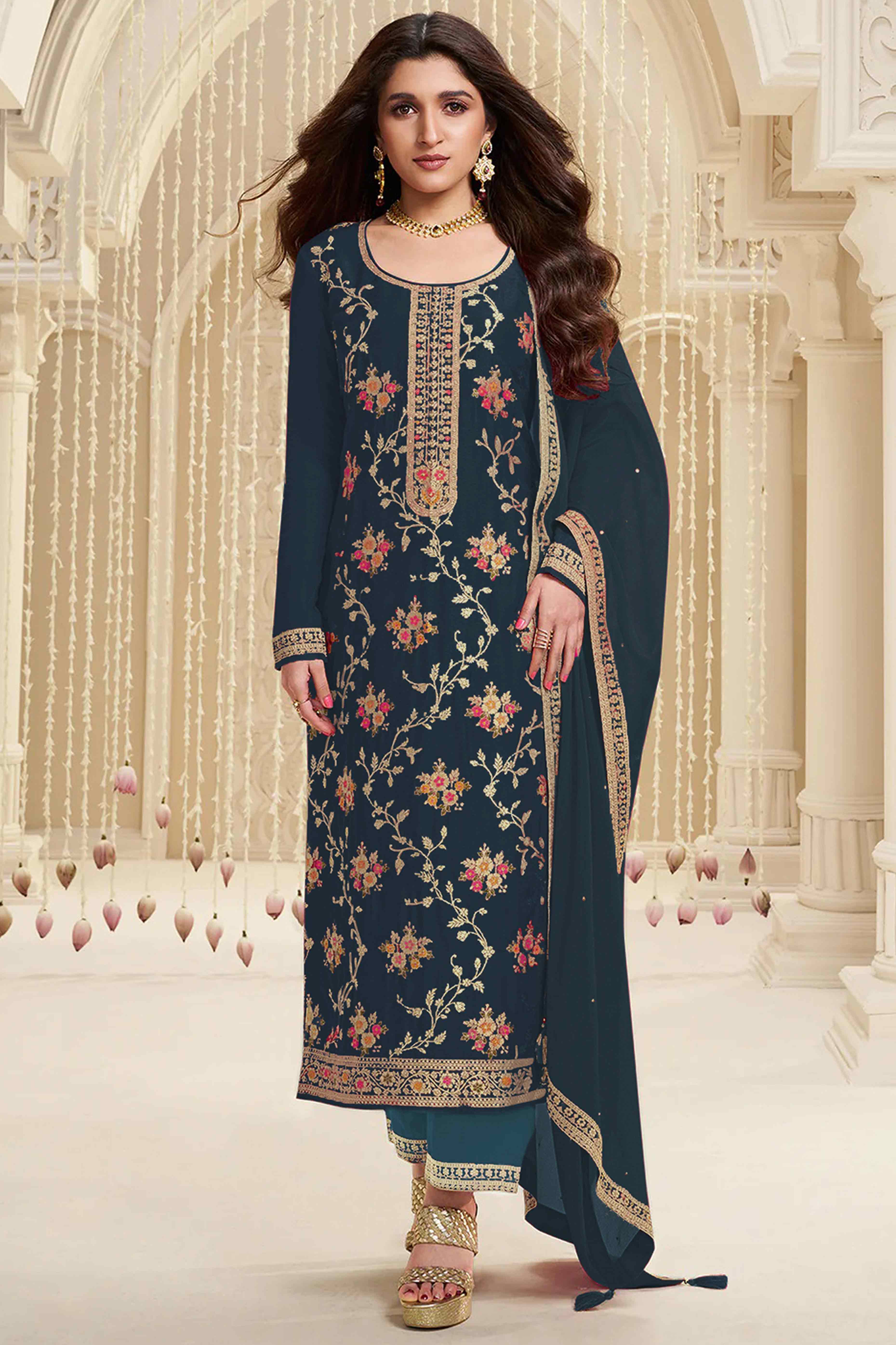 Peachmode Dark Rama Blue Floral Woven With Embroidered Viscose Semi Stitched Suit
