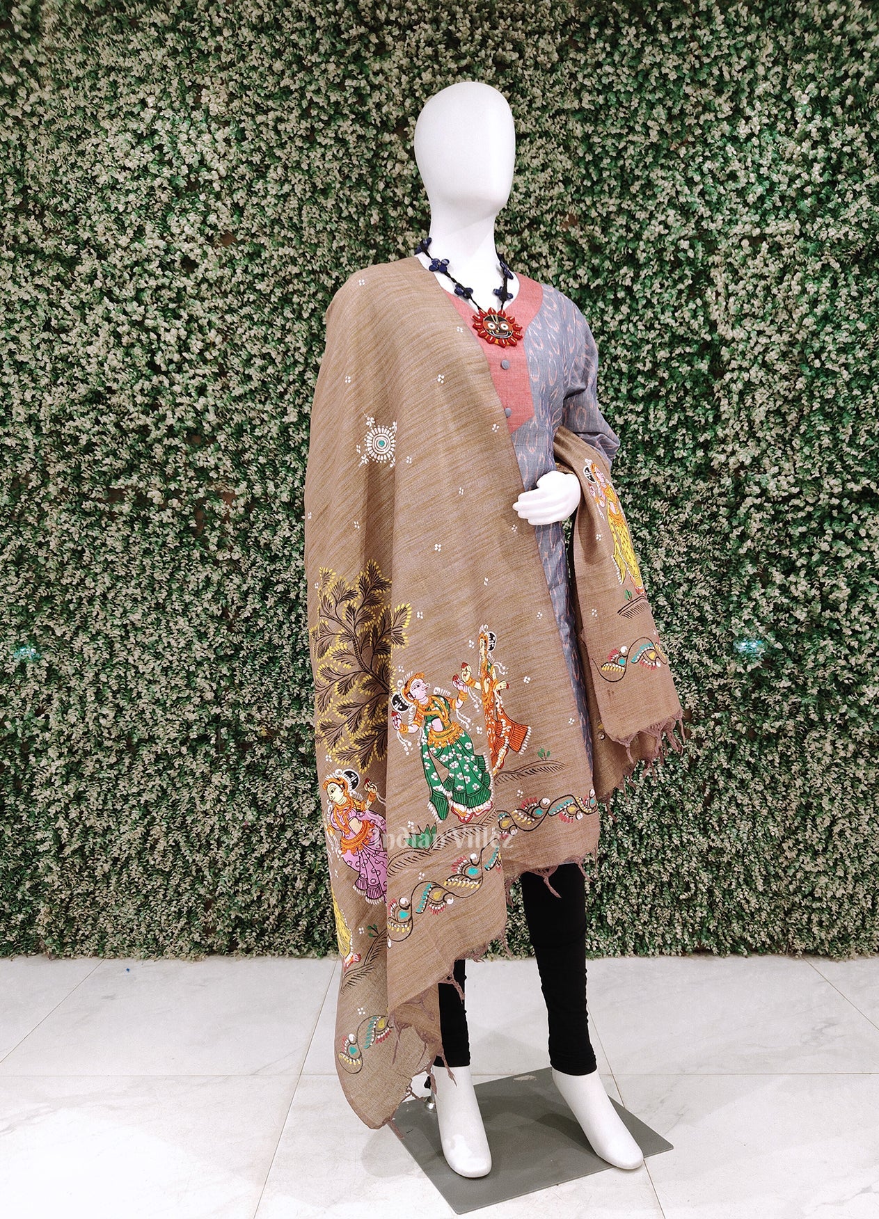 IndianVillèz Lavender Golden Dual Tone Nartaki Tussar Pattachitra Dupatta