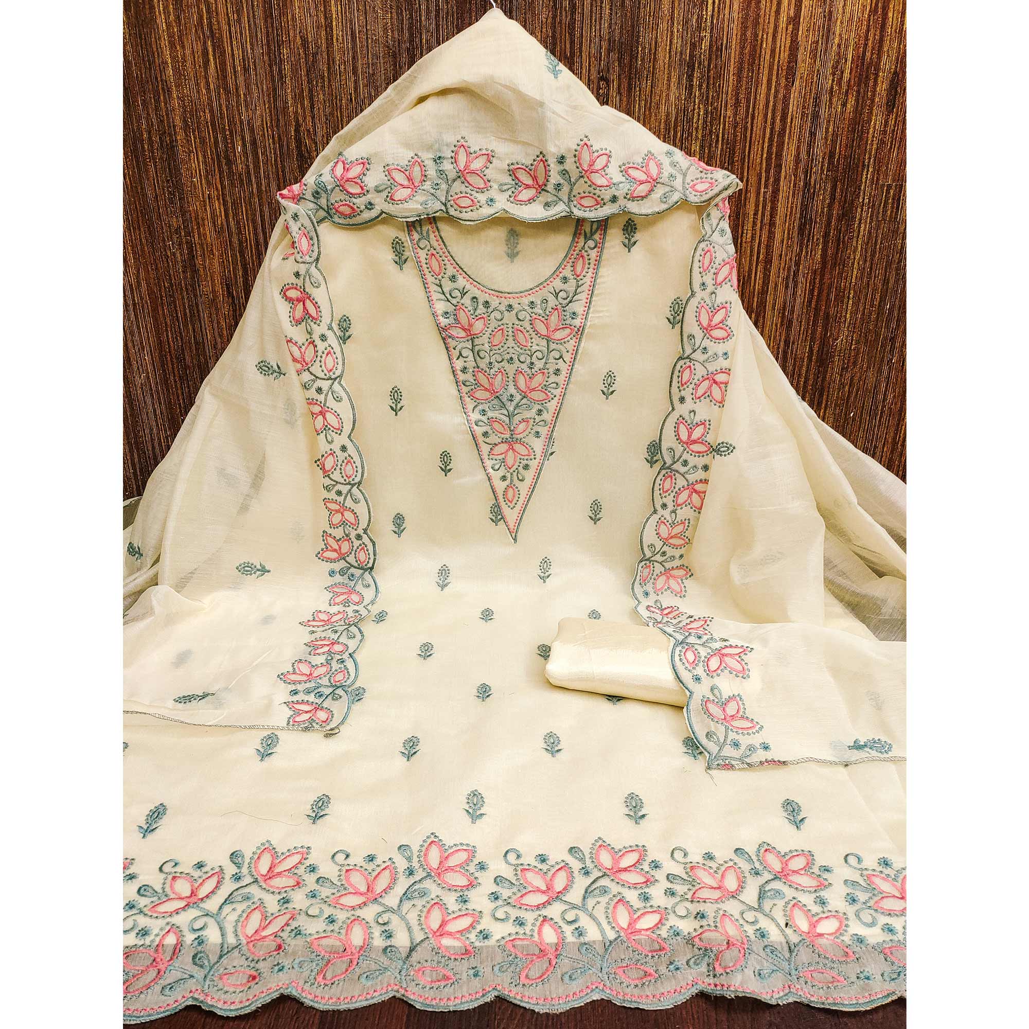 Peachmode Cream Floral Embroidered Chanderi Dress Material - view 4