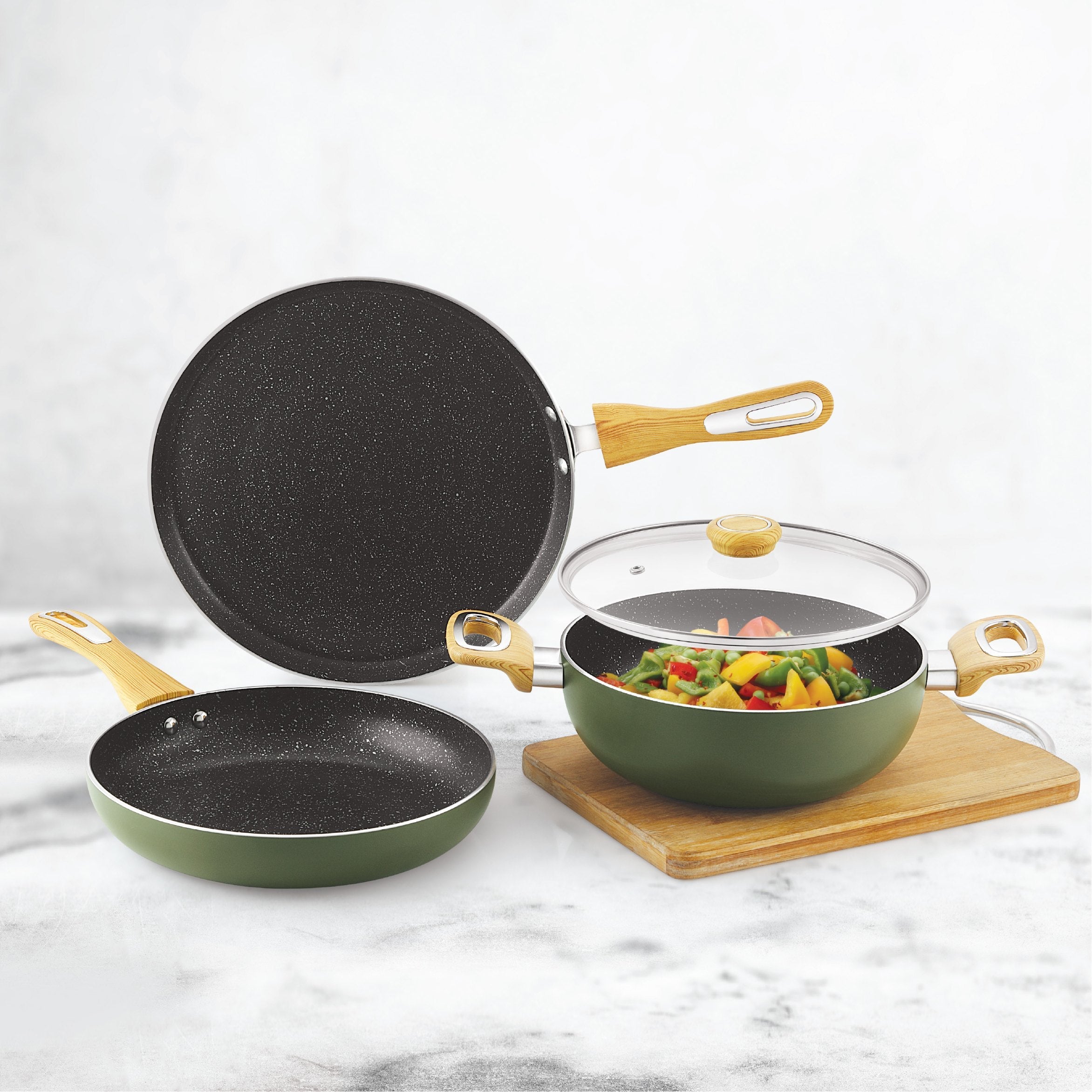 Cello Woody Kitchen Induction Base Non-Stick Cookware Set