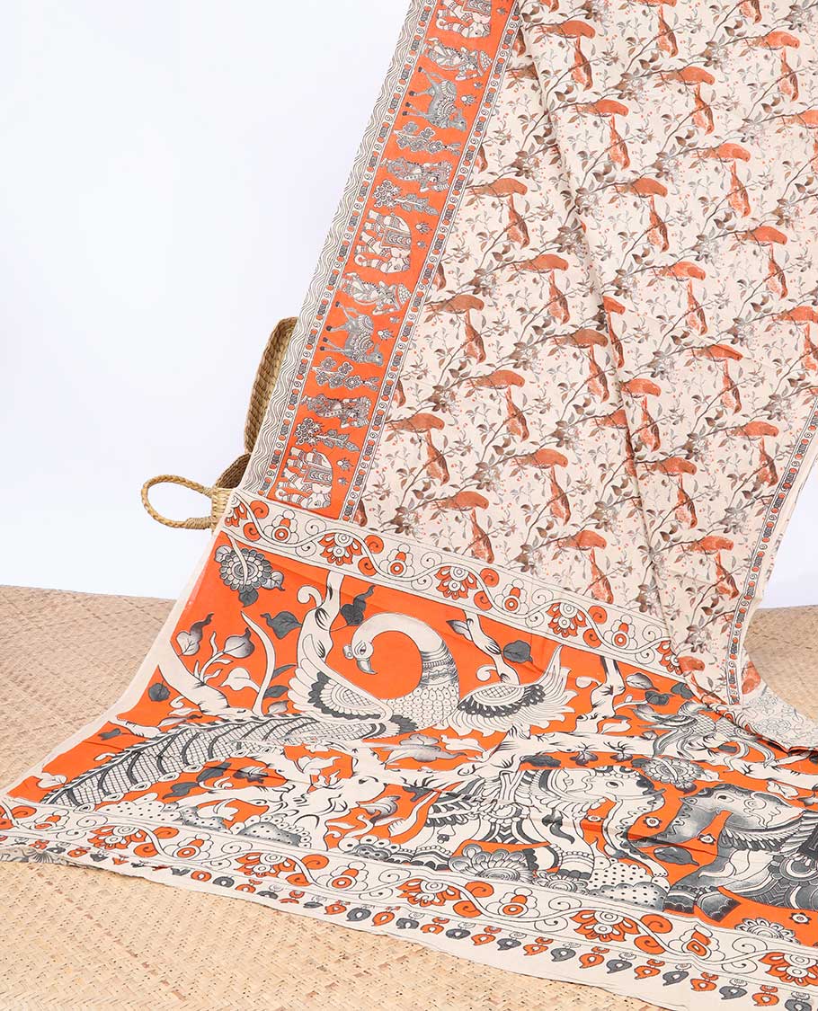 Pothys Cream bird motifs machine-printed kalamkari cotton saree, contrast unique motifs border & animal motifs pallu