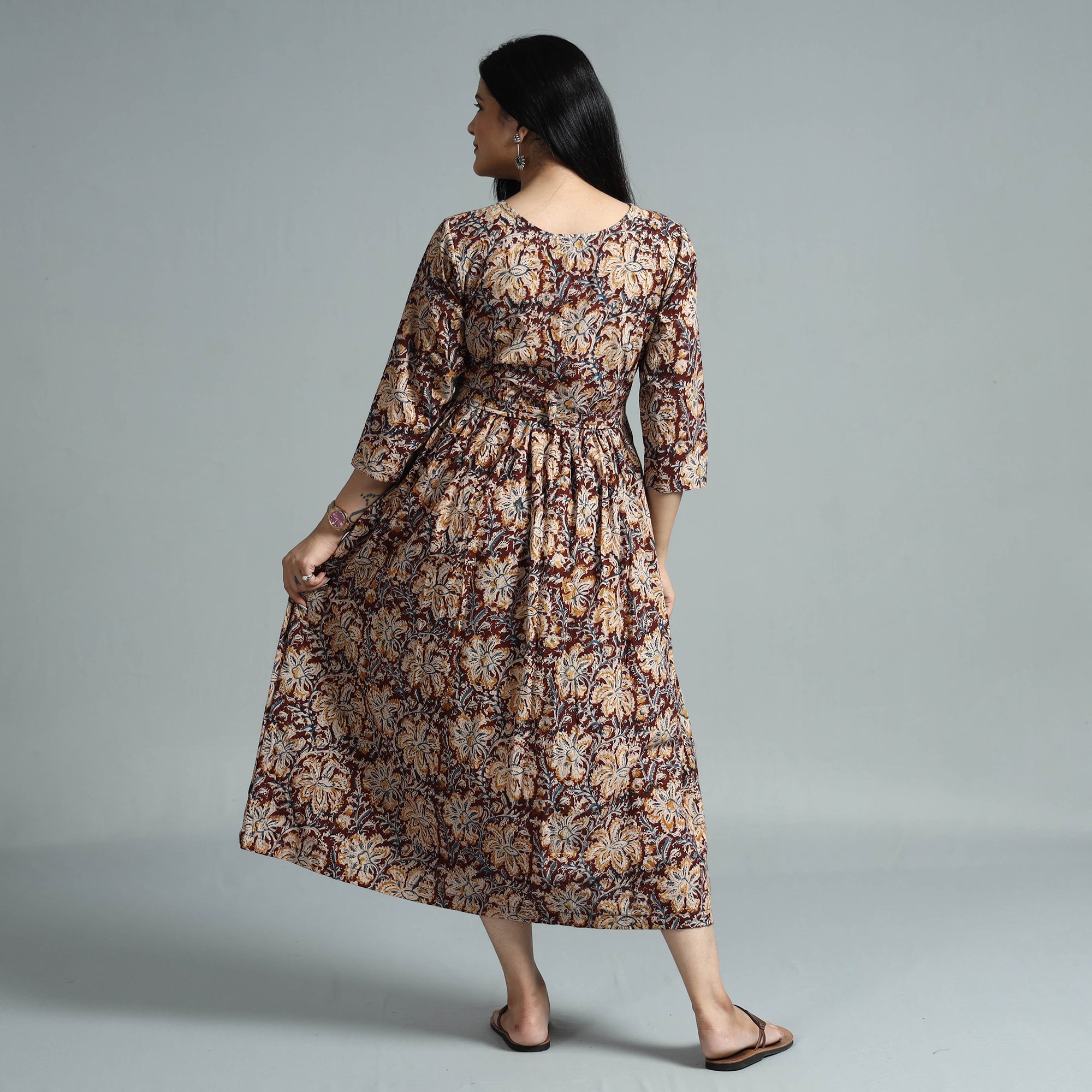 ITOKRI CASUALS Brown - Kalamkari Block Printed Cotton Flared Gher Dress - view 6
