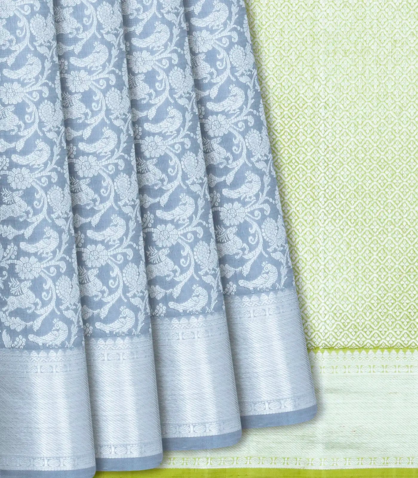 RmKV Grey Handwoven Kanchipuram Silk Saree With Floral, Peacock, Annam and Elephant Motifs In Silver Zari