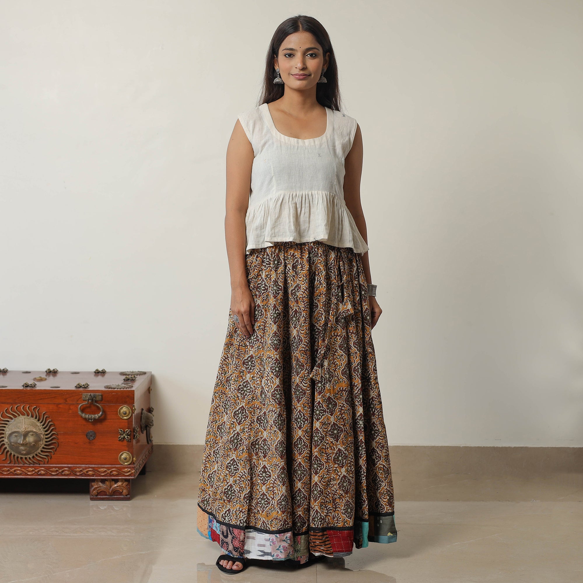 NOORI BAZAR Brown - Bagru Block Printed 24 Kali Patchwork Cotton Long Skirt 25