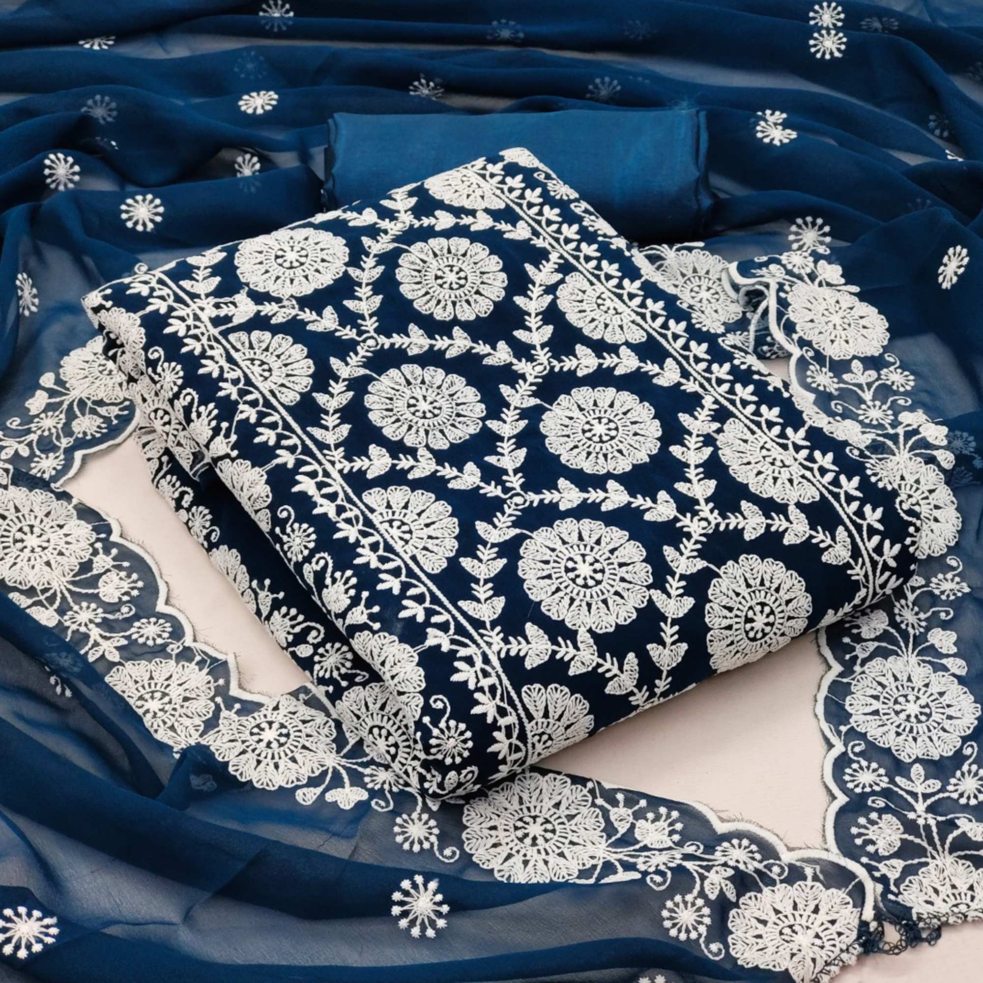 Peachmode Morpich Blue Floral Embroidered Georgette Dress Material