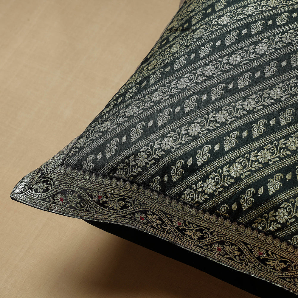 BANARASI BY MAQBUL HASAN Black - Traditional Pure Banarasi Handwoven Silk Zari Cushion Cover (16 x 16 in) - view 2