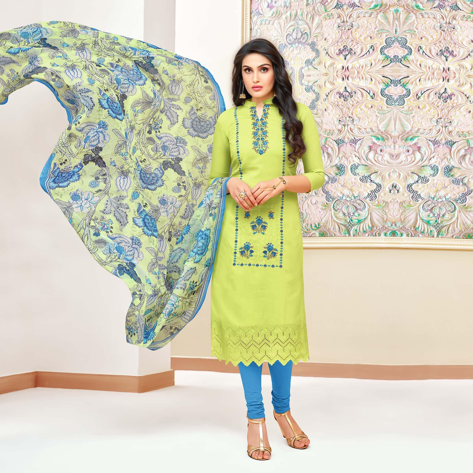 Peachmode Hypnotic Green Colored Partywear Embroidered Modal Silk Suit