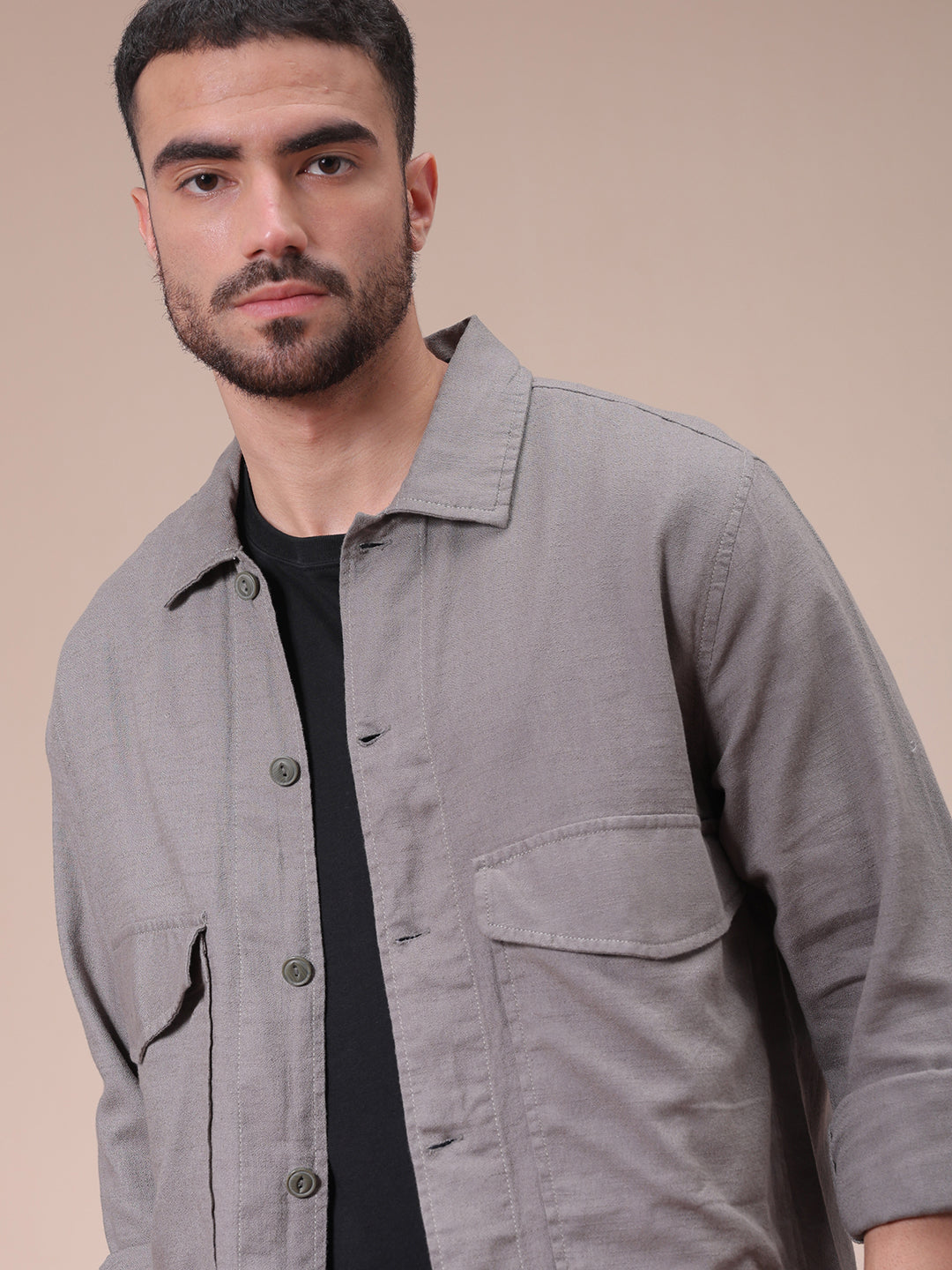 The Indian Garage Co Men's Grey Regular Fit Solid Overshirt