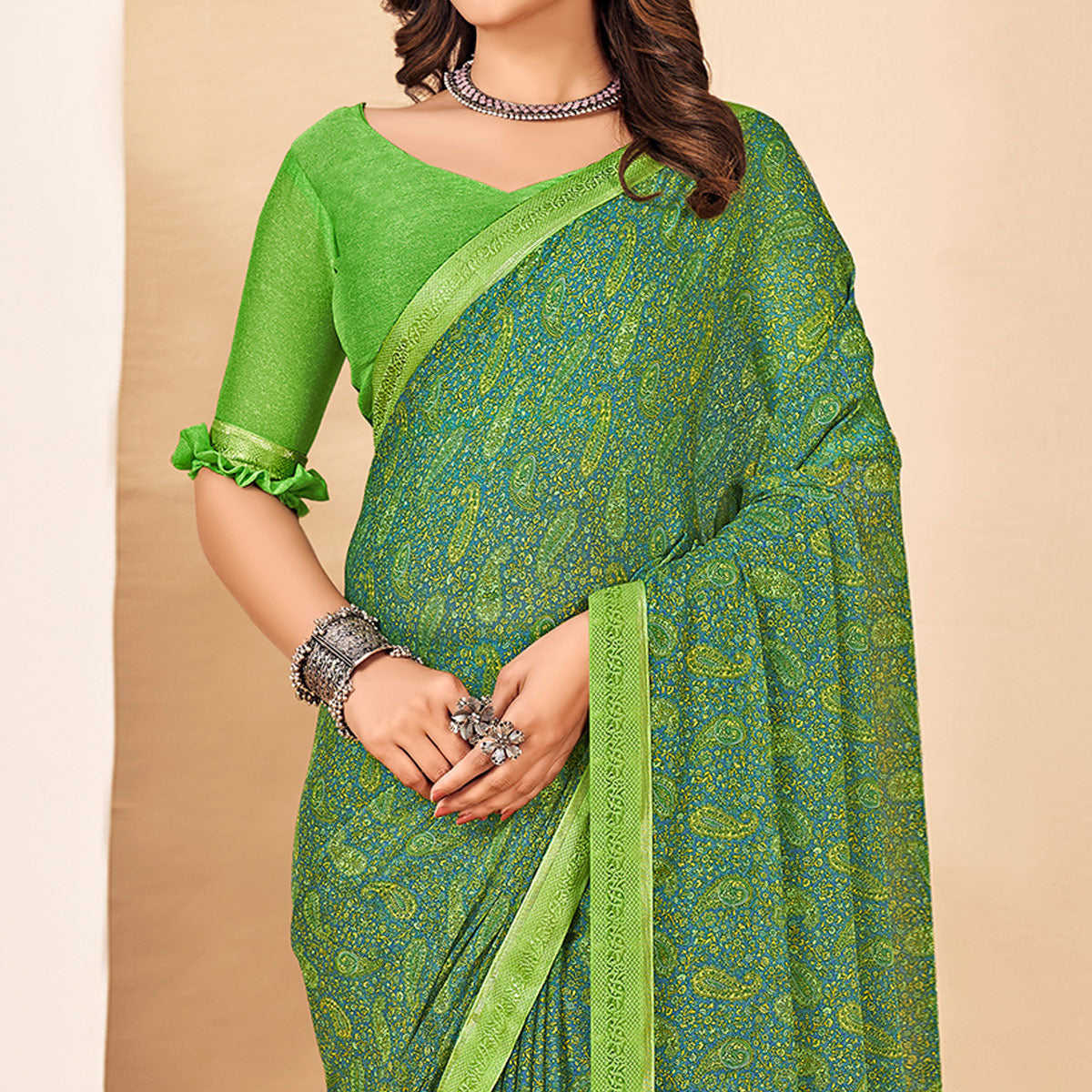 BlackTree green-floral-printed-chiffon-saree-with-lace-border-1 - view 2