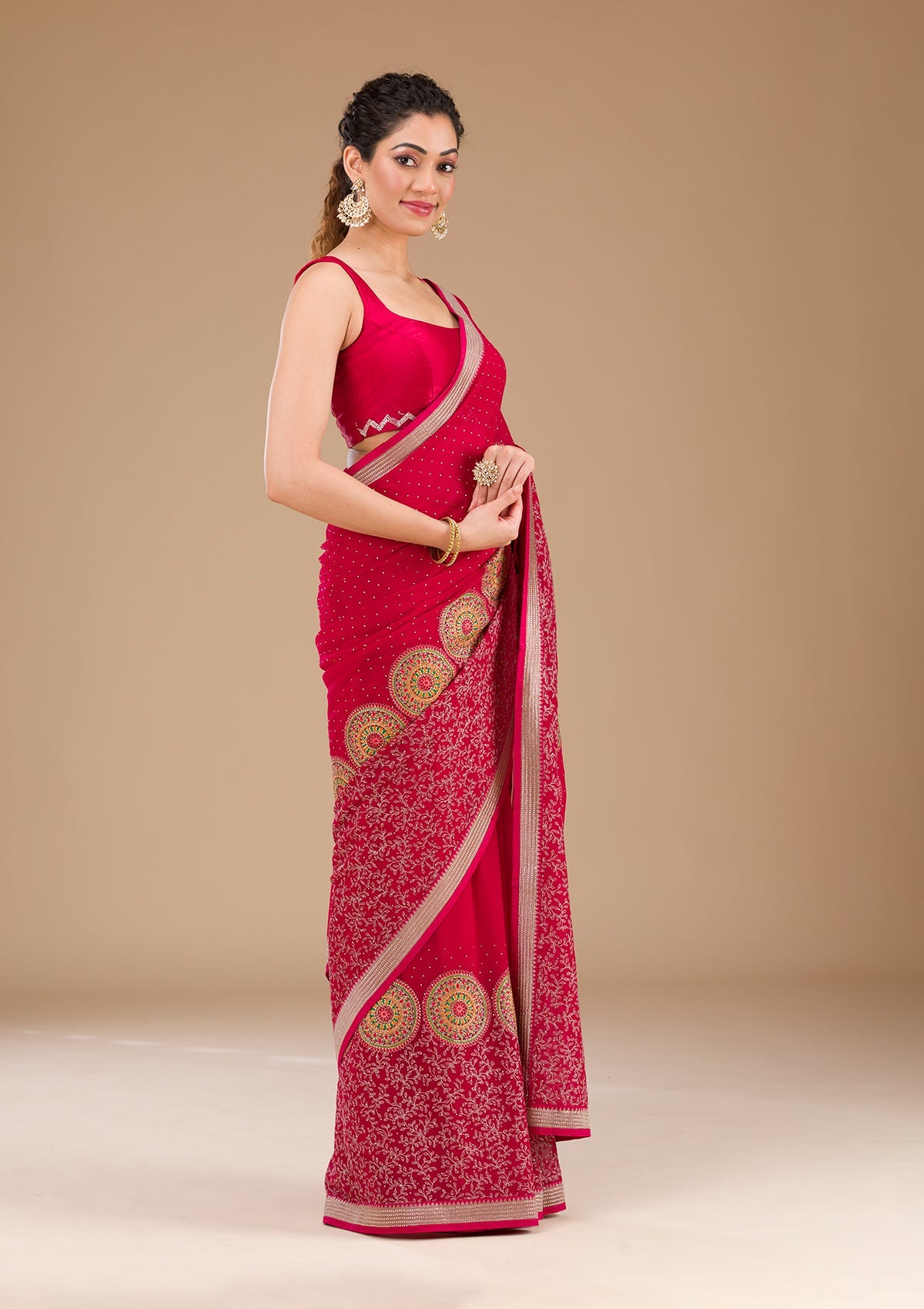 Koskii Rani Pink Threadwork Georgette Saree – Women's - view 4