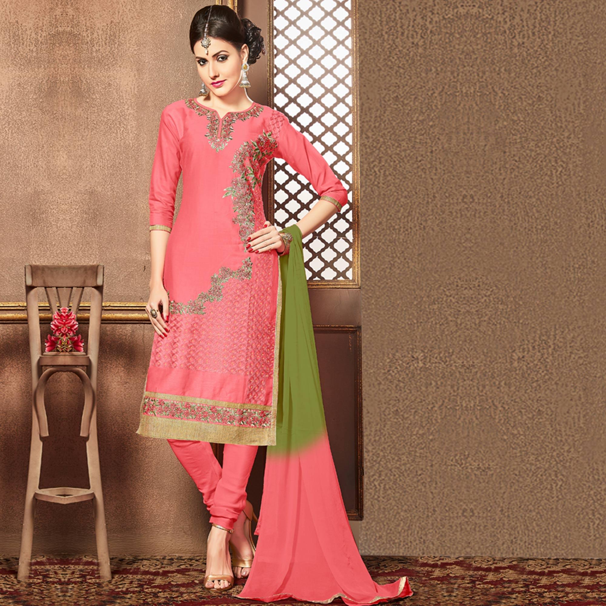 Peachmode Captivating Pink Colored Party Wear Embroidered Cotton Dress Material