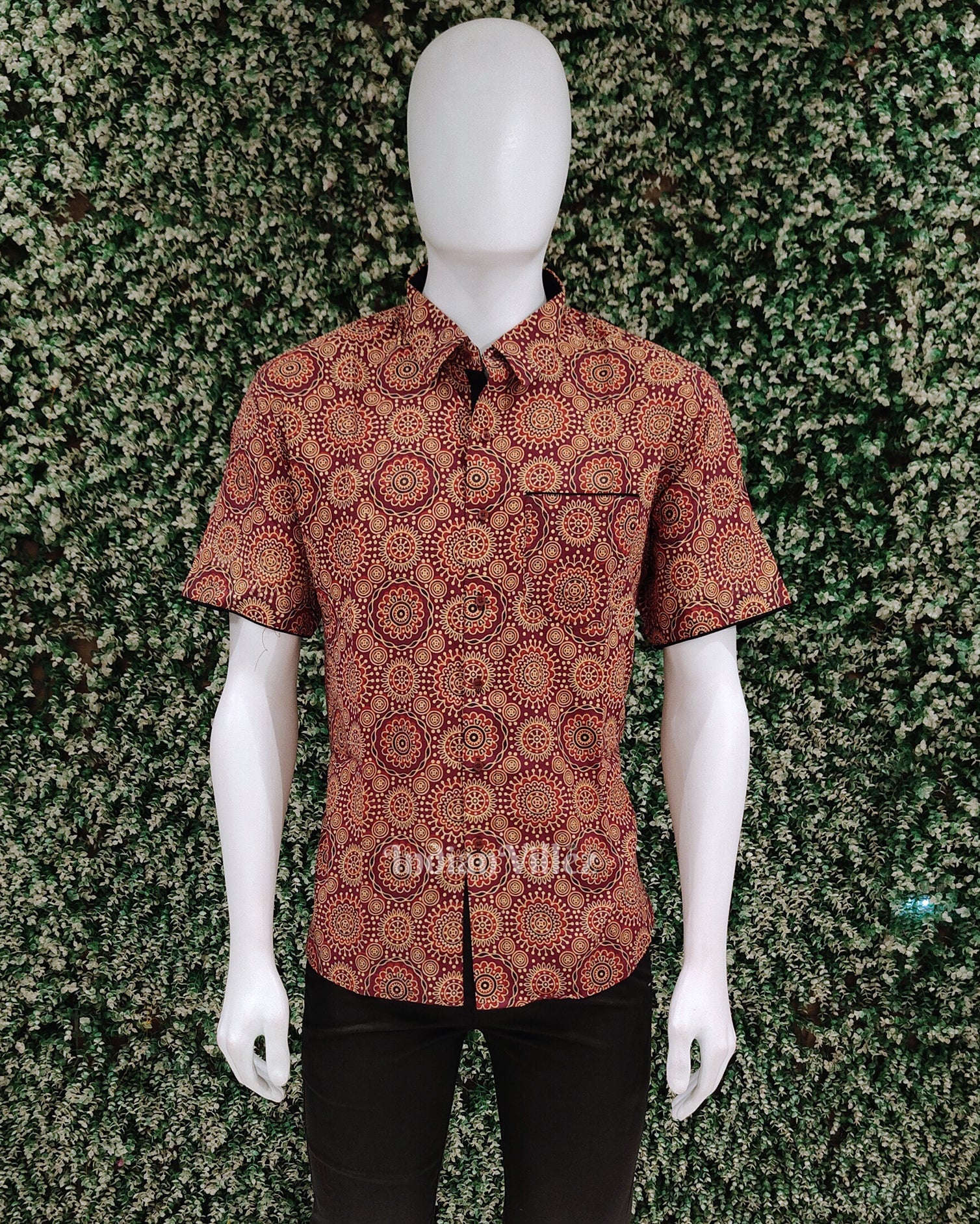 IndianVillèz Maroon Design Block Printed Half Sleeve Shirt for Men