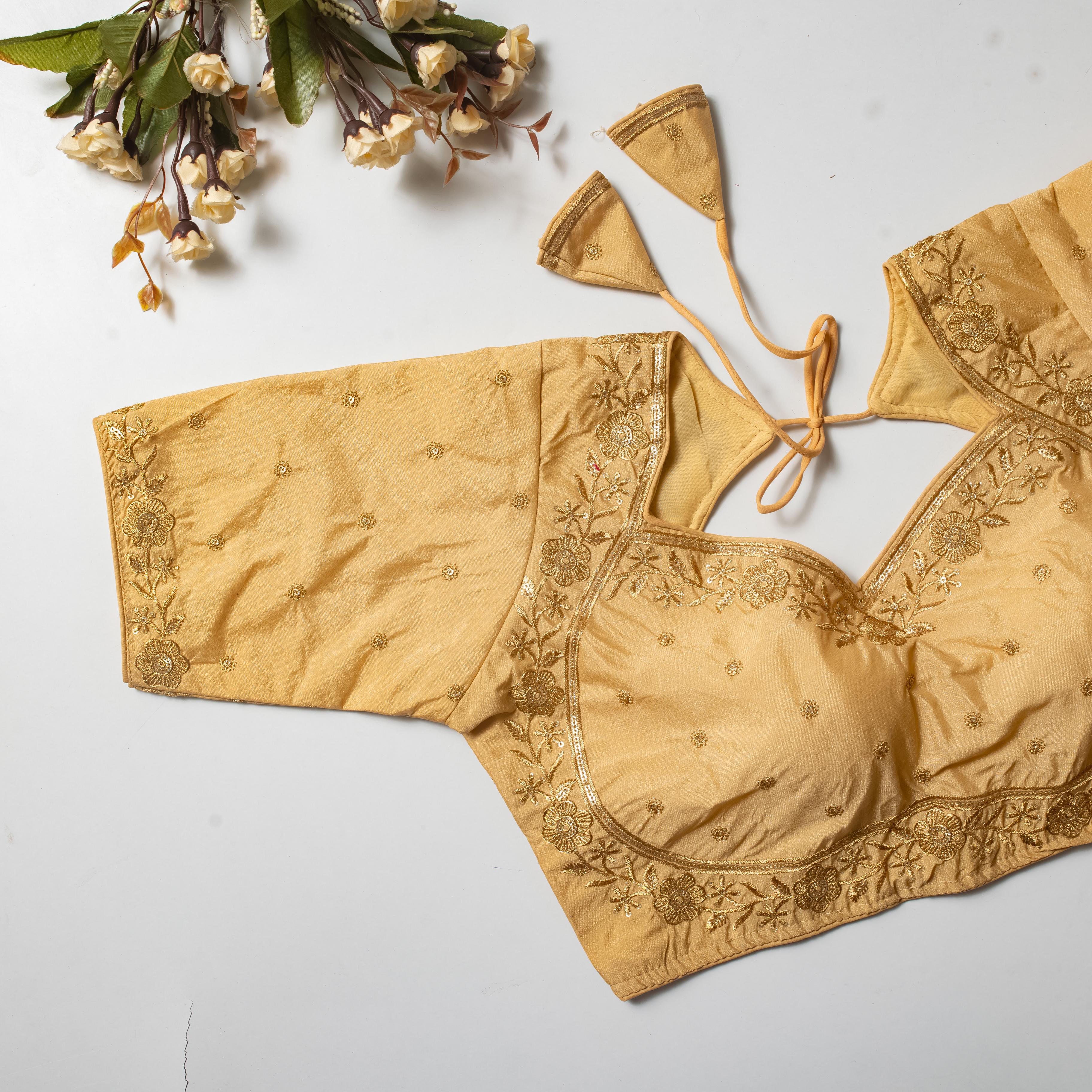 ClothsVilla Cream Color Olive Silk Blouse with Golden Embroidery and Sequins