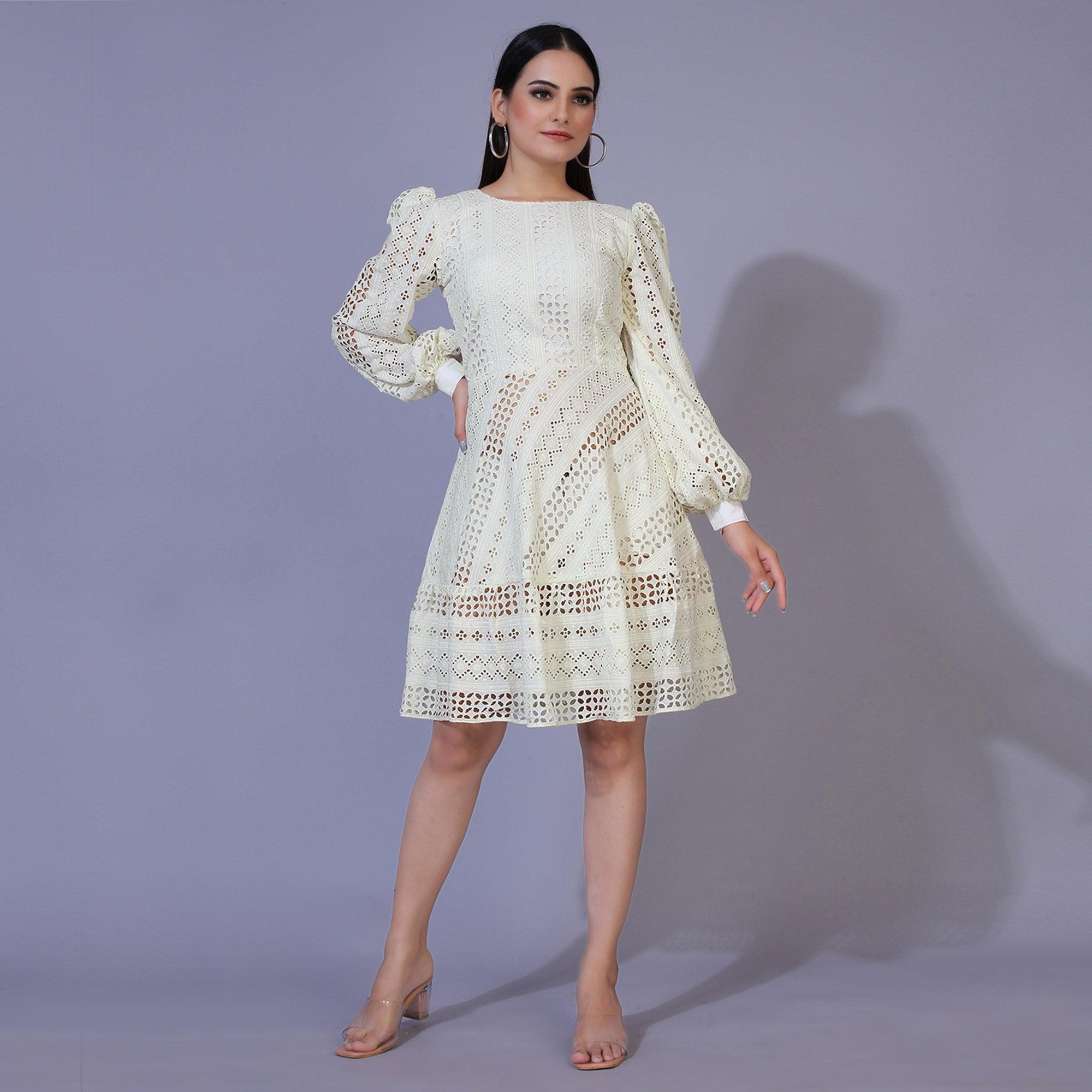 Peachmode Seller Cream Lucknowi Chikankari Work Rayon Western Dress - view 2