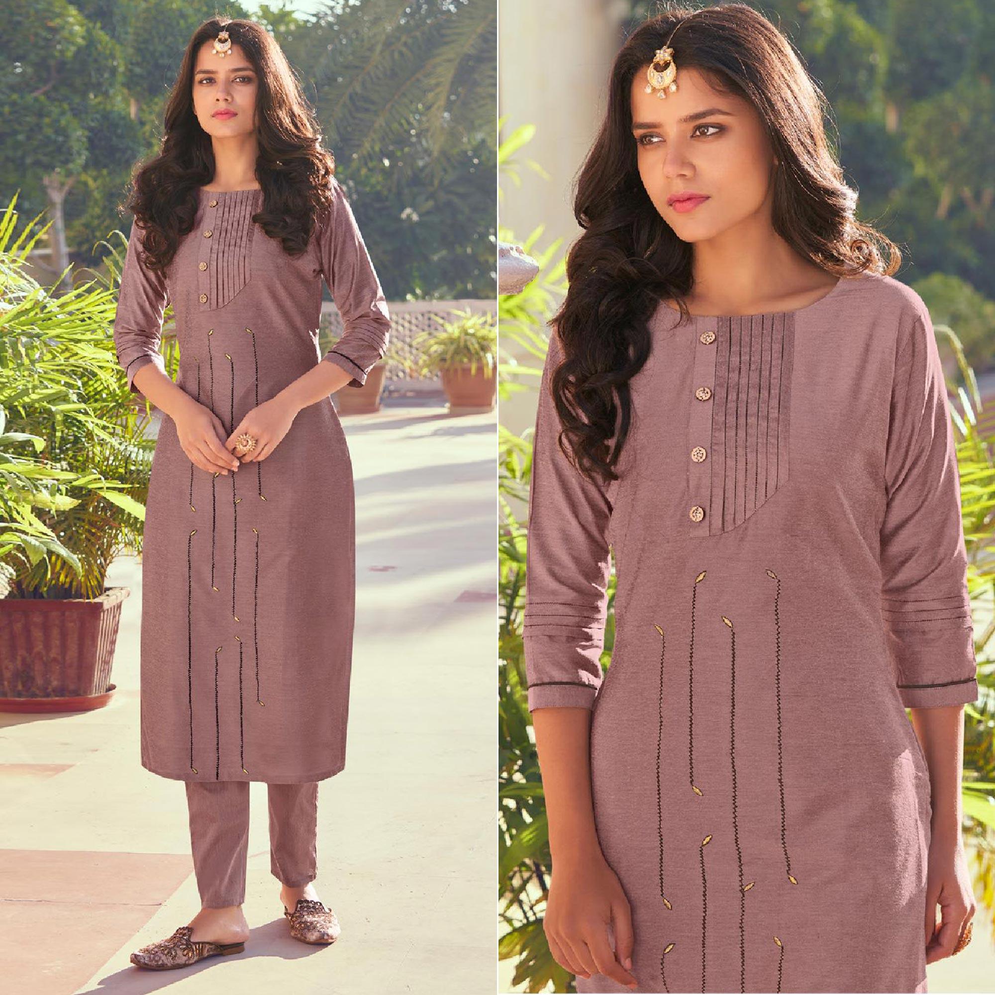 Peachmode Seller Mauve Embroidered Viscose Kurti Pant Set