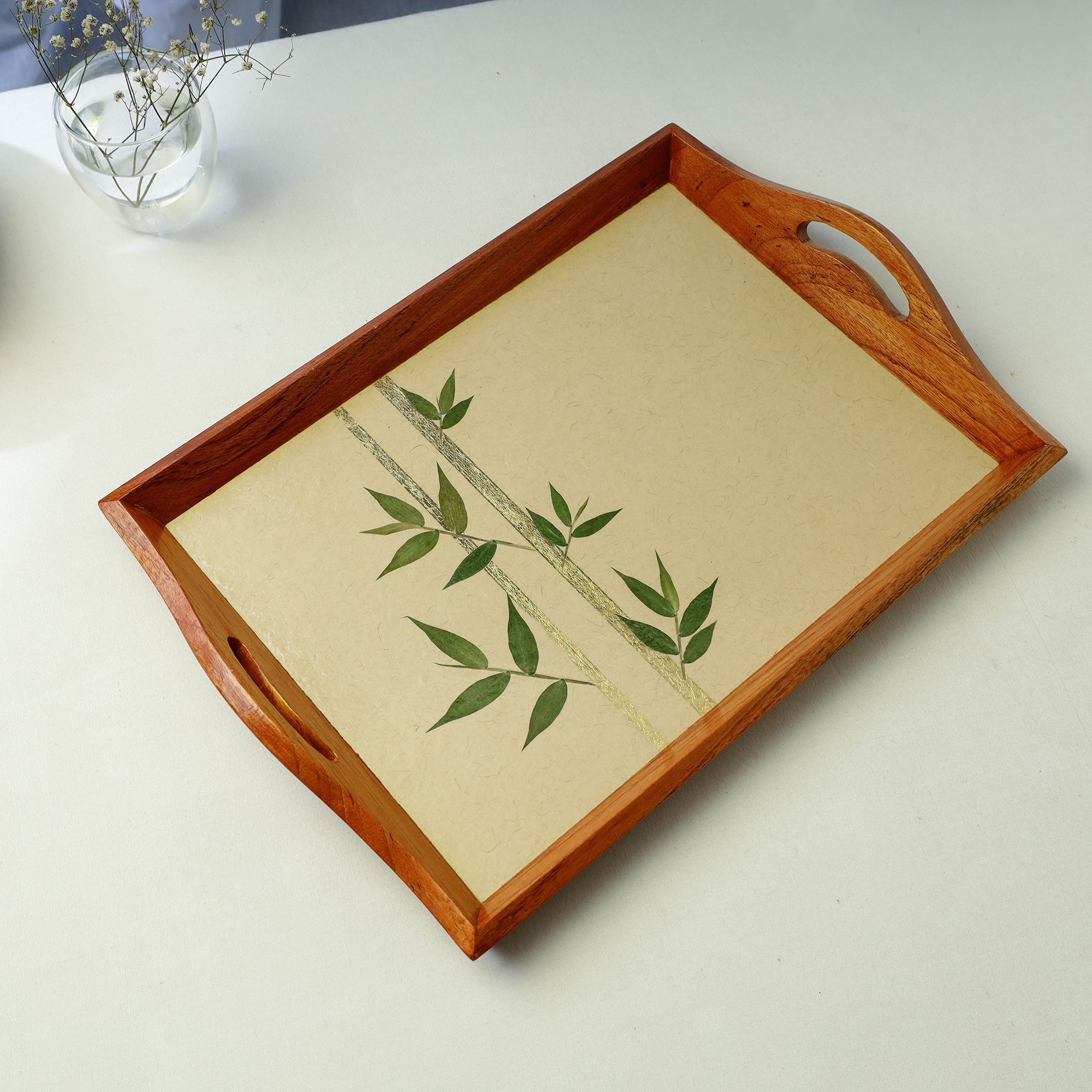 SHRADHANJALI - AN AUROVILLE UNIT Beige - Bamboo Art Work Wooden Tray with Handles (16.5 x 12.5 x 1 in) - view 2