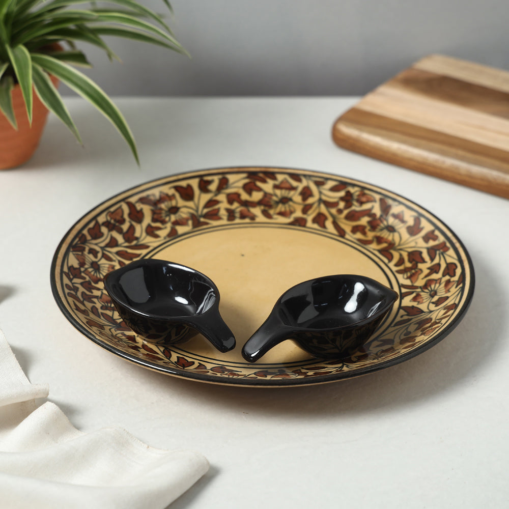 HAVELI CHRONICLES Brown - Handpainted Ceramic Chip-n-Dip Platter with 2 Fixed Dip Bowls