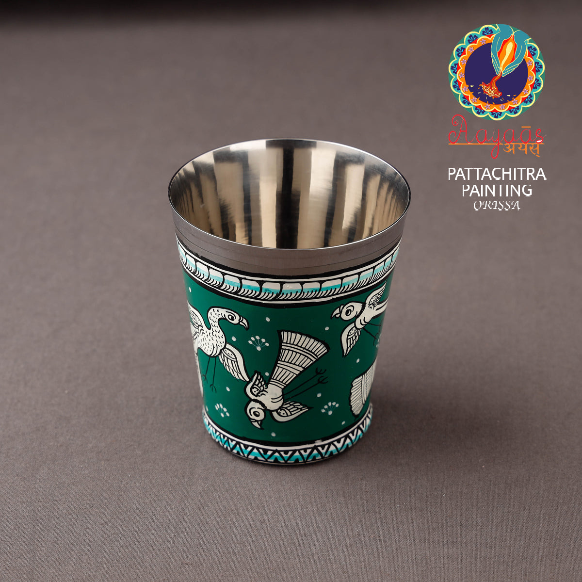 AAYAAS Green - Odisha Pattachitra Handpainted Stainless Steel Glass
