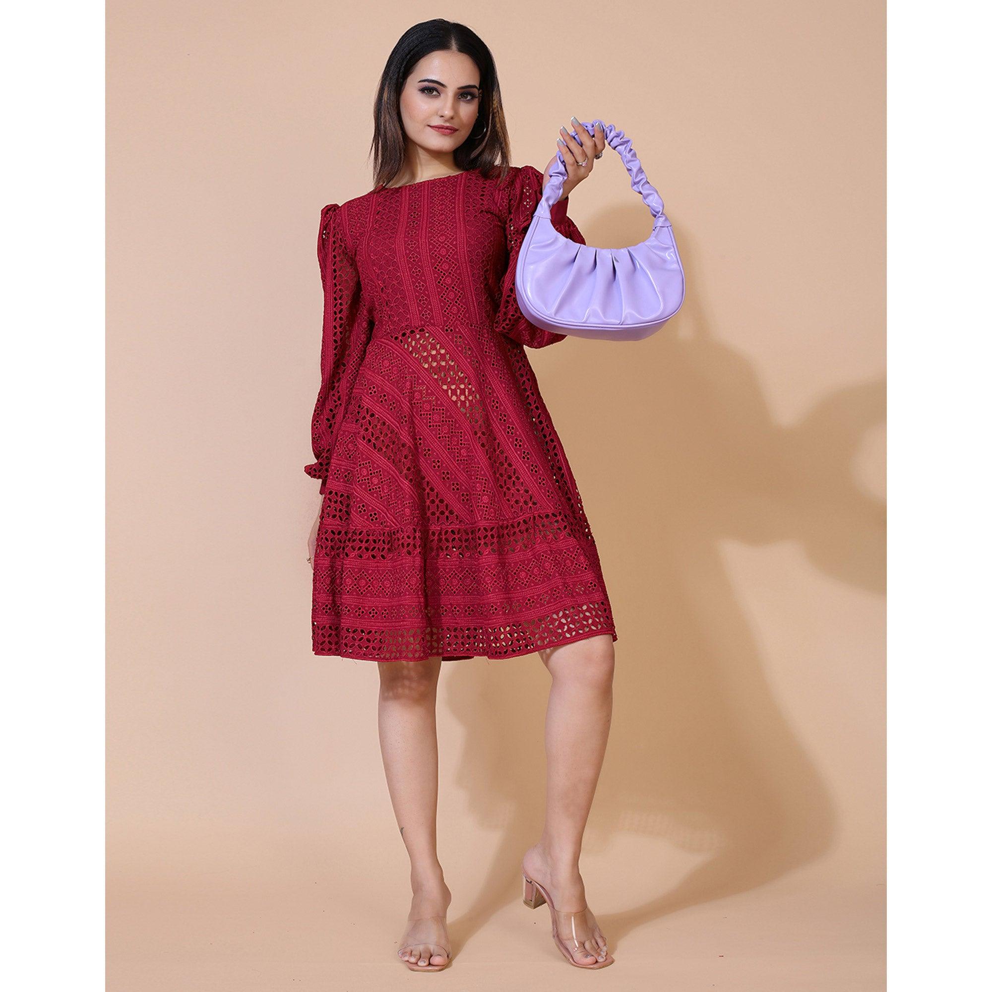 Peachmode Seller Maroon Lucknowi Chikankari Work Rayon Western Dress - view 7