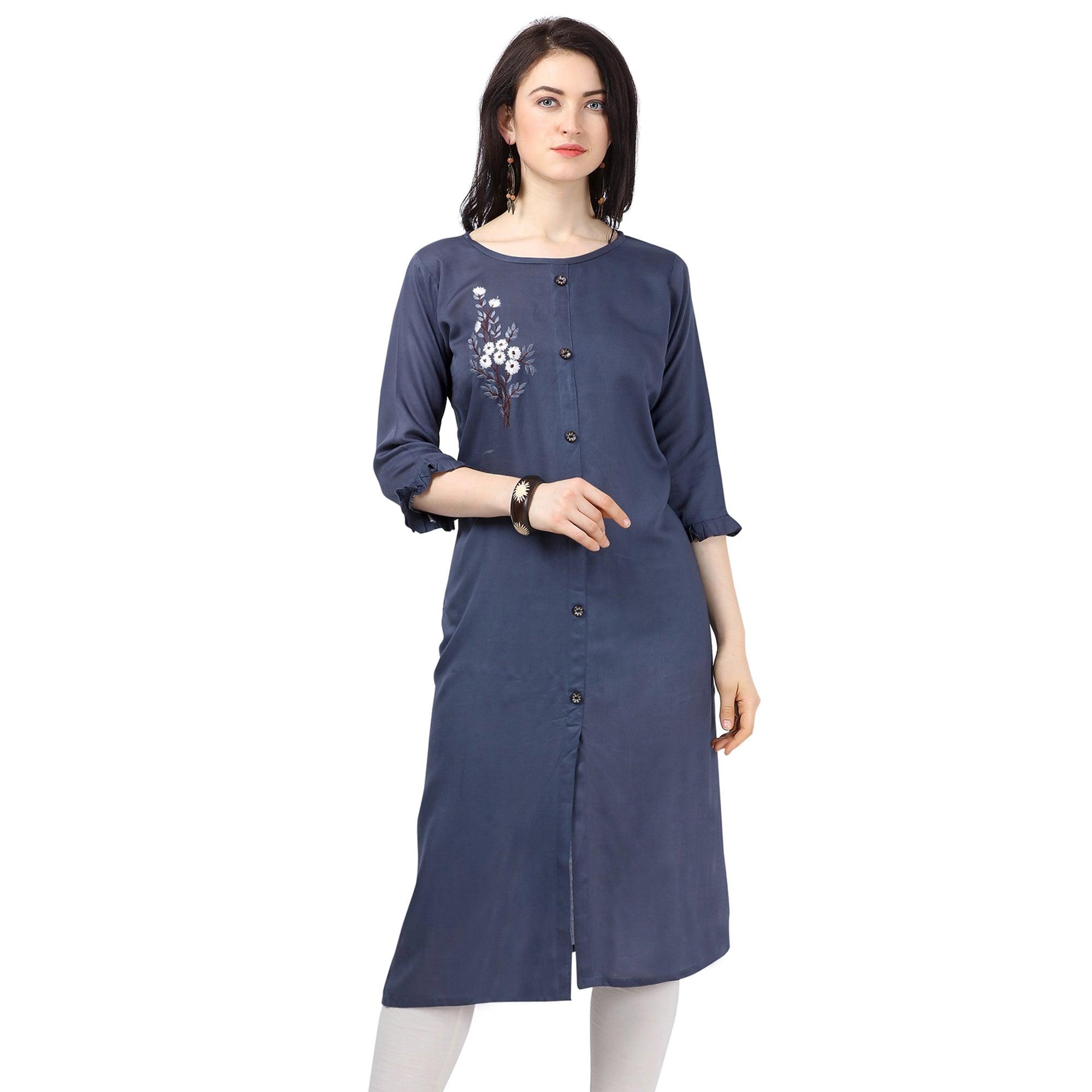 Peachmode Seller Innovative Blue Colored Partywear Embroidered Rayon Kurti