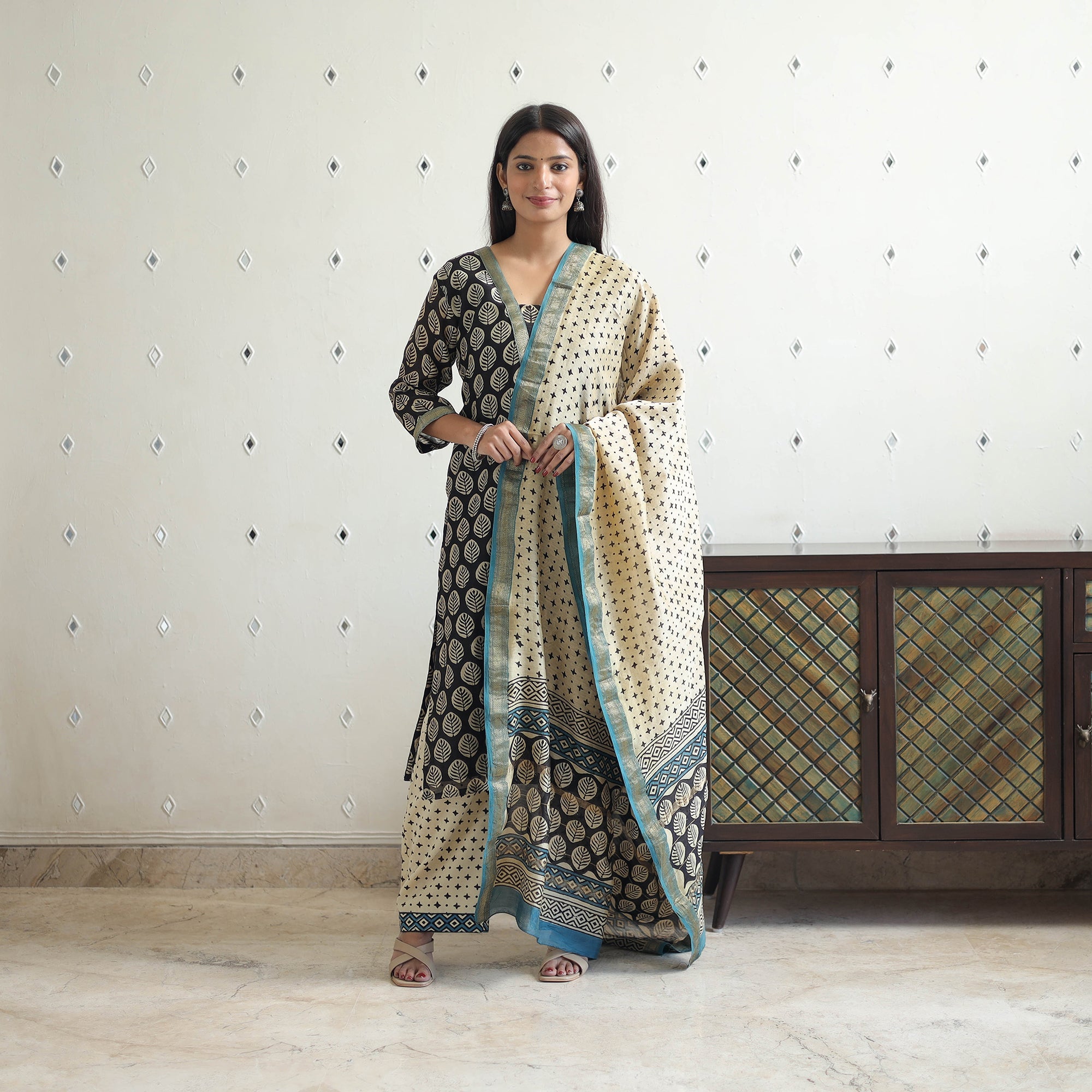 ITOKRI CASUALS Black - Traditional Maheshwari Silk Bagru Print Kurta Set 02 - view 2