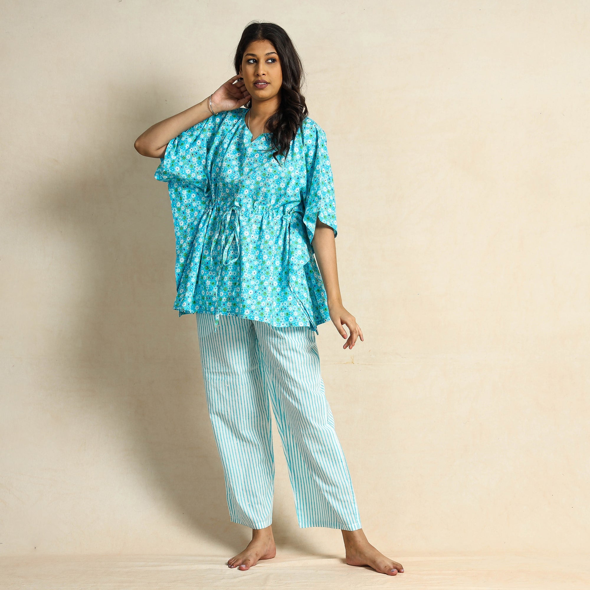 CHUTNEY CRAFT STUDIO Blue - Block Printed Cotton Kaftan Pyjama Night Suit Set
