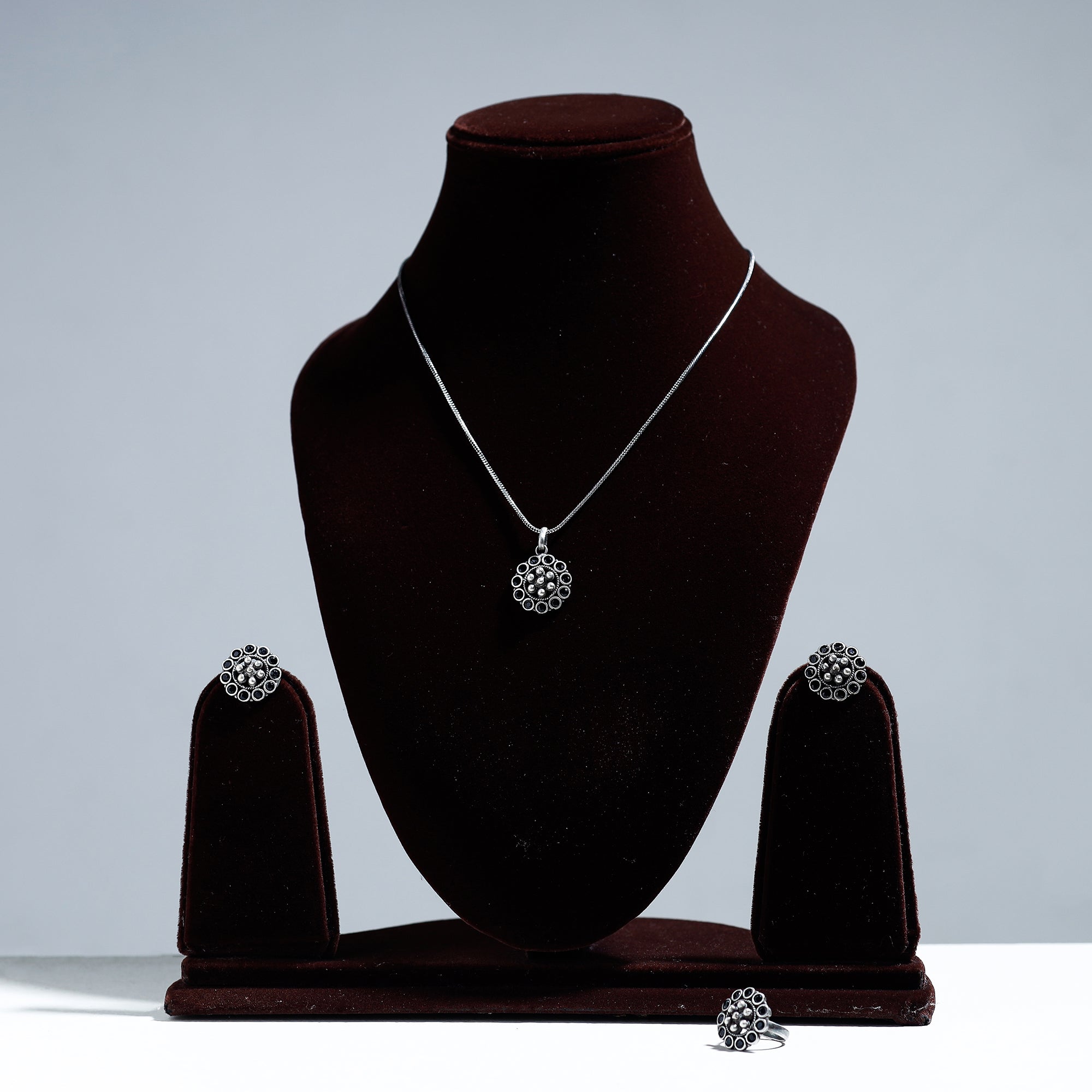 WHITE RIVER STORIES Antique Silver Finish Oxidised Brass Base Stone Work Necklace Set with Ring