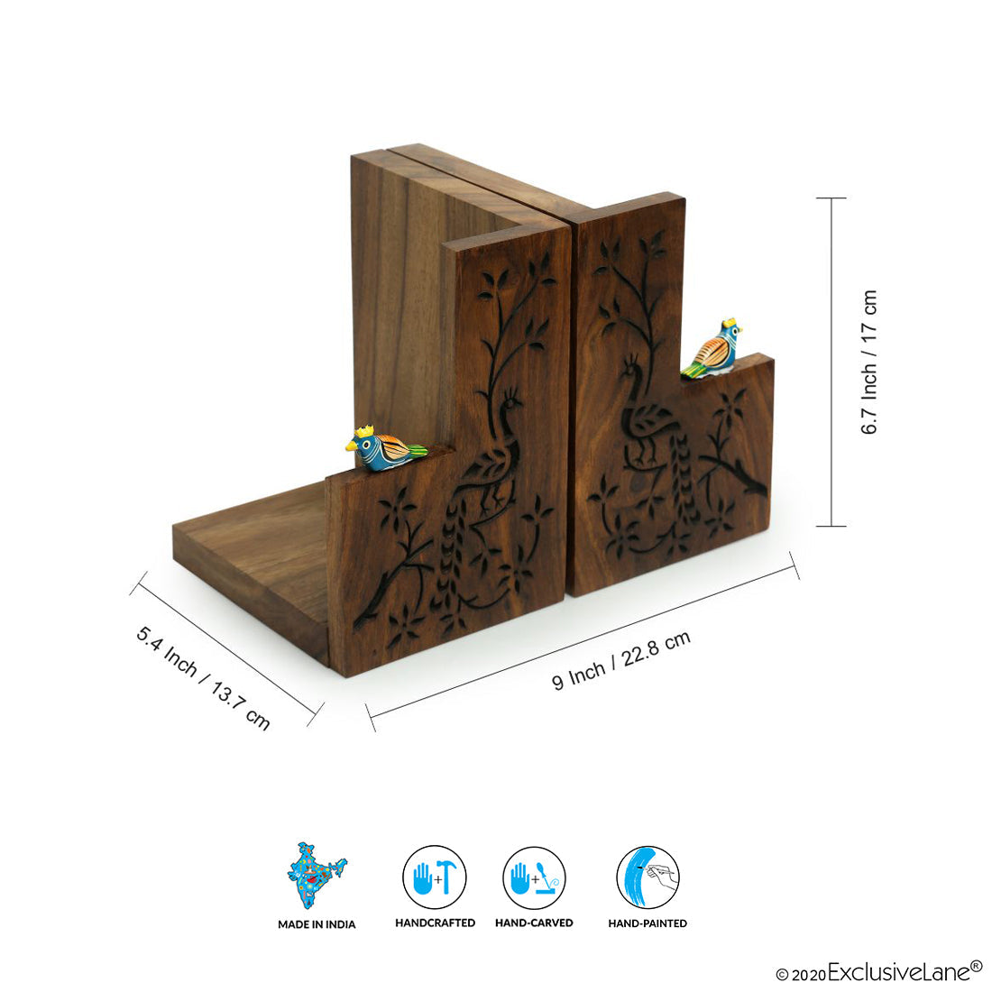 EXCLUSIVELANE 'Peacock Pair' Hand Carved Sheesham Wood Bookend - view 6