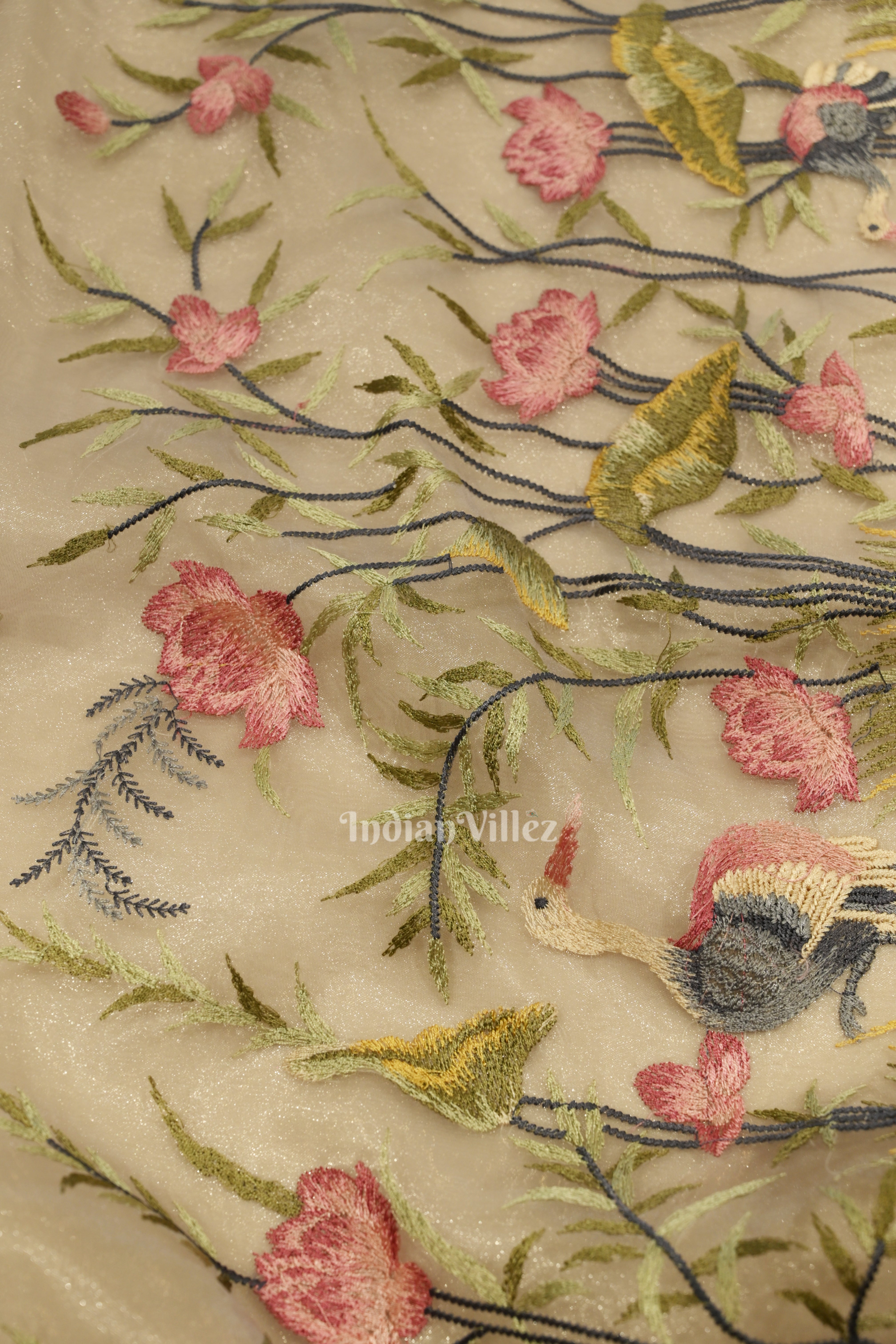IndianVillèz Basil Green Kora Banarasi Tissue Saree with Embroidery Work - view 2