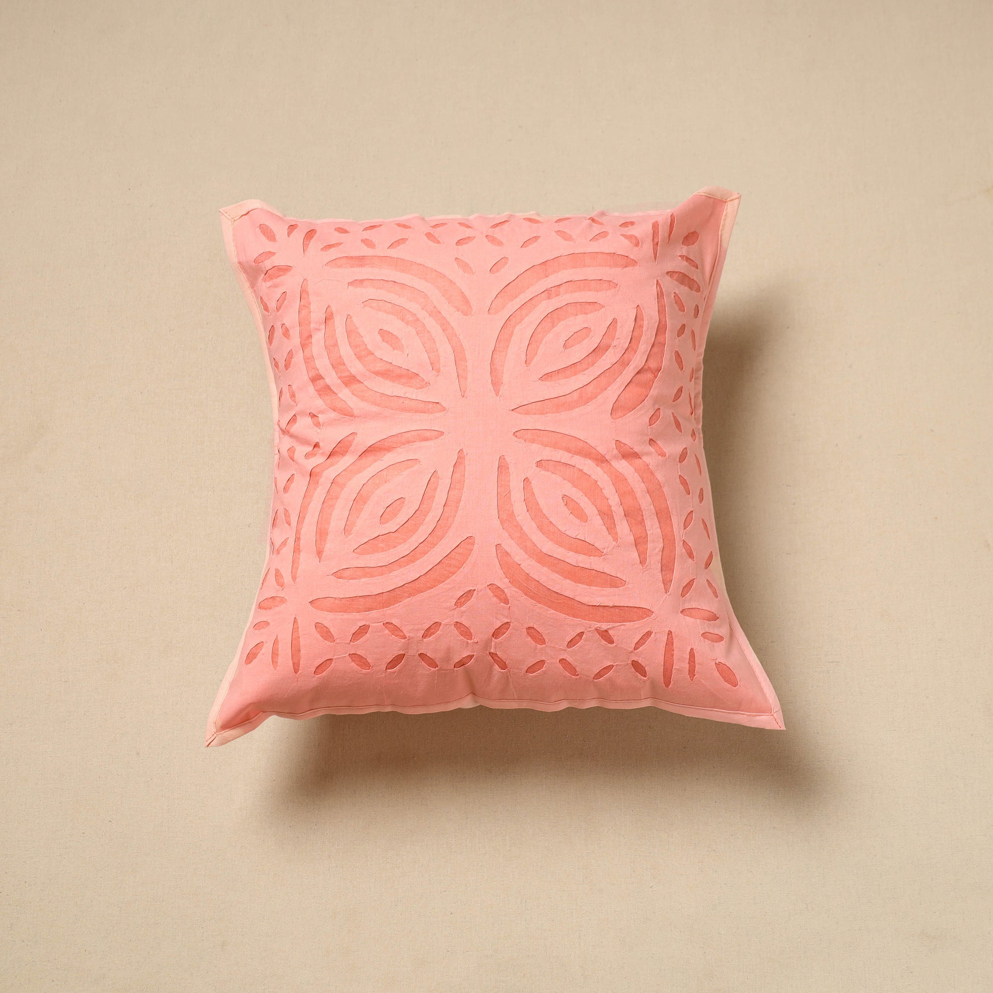 SHADES OF MARUDHARA Peach - Cut Work Cotton Applique Cushion Cover (16 x 16 in) 11