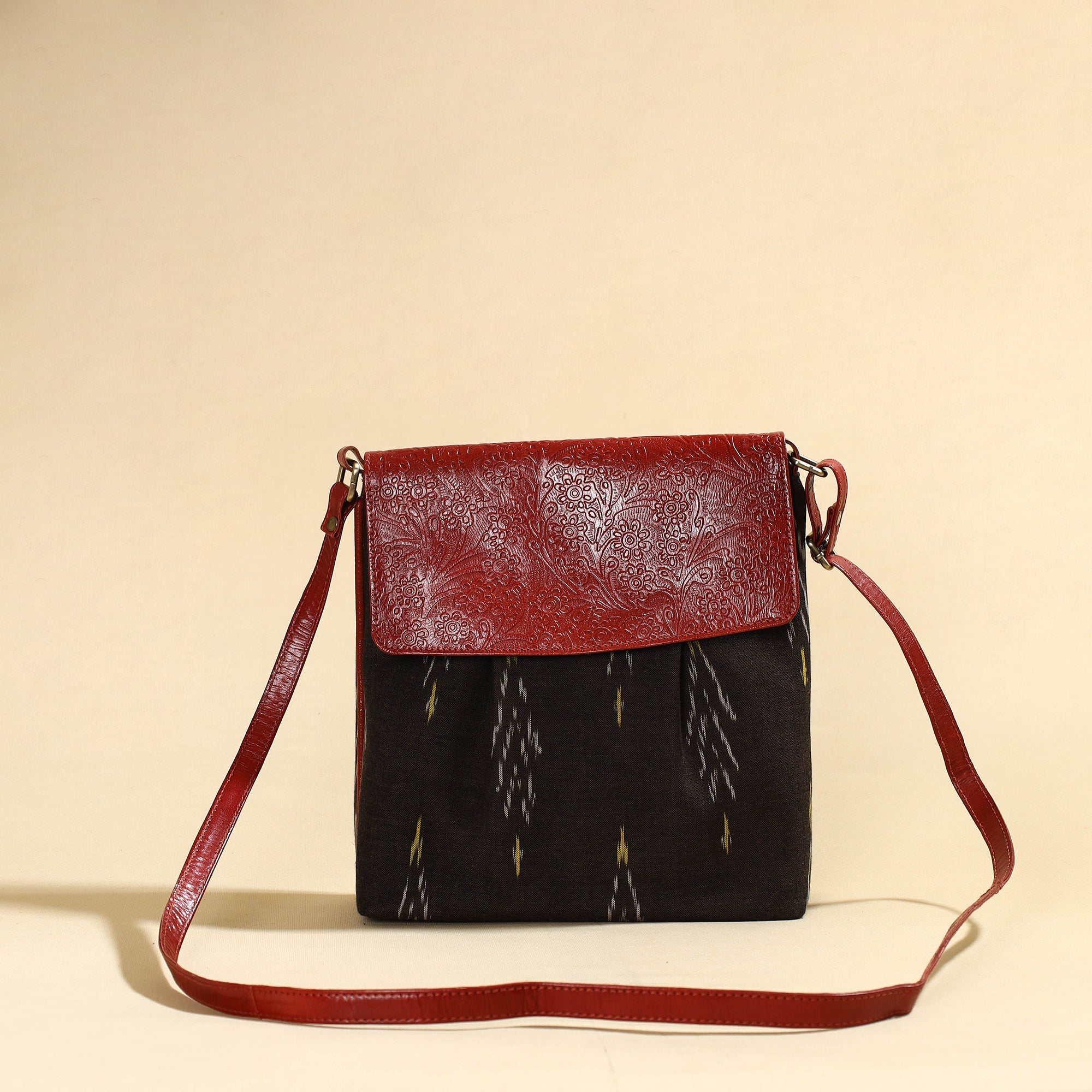 ASALKAAR Brown - Handcrafted Ikat Fabric Sling Bag with Embossed Leather Flap - view 2