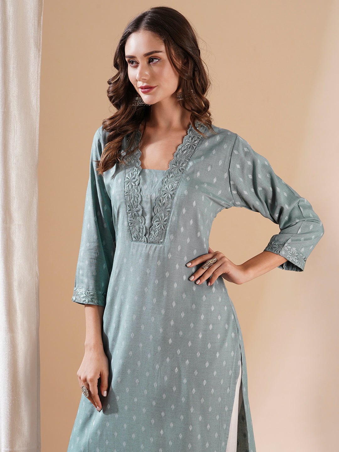Fashor Woven Dobby Design Resham Embroidered Kurta - Powder Blue - view 2
