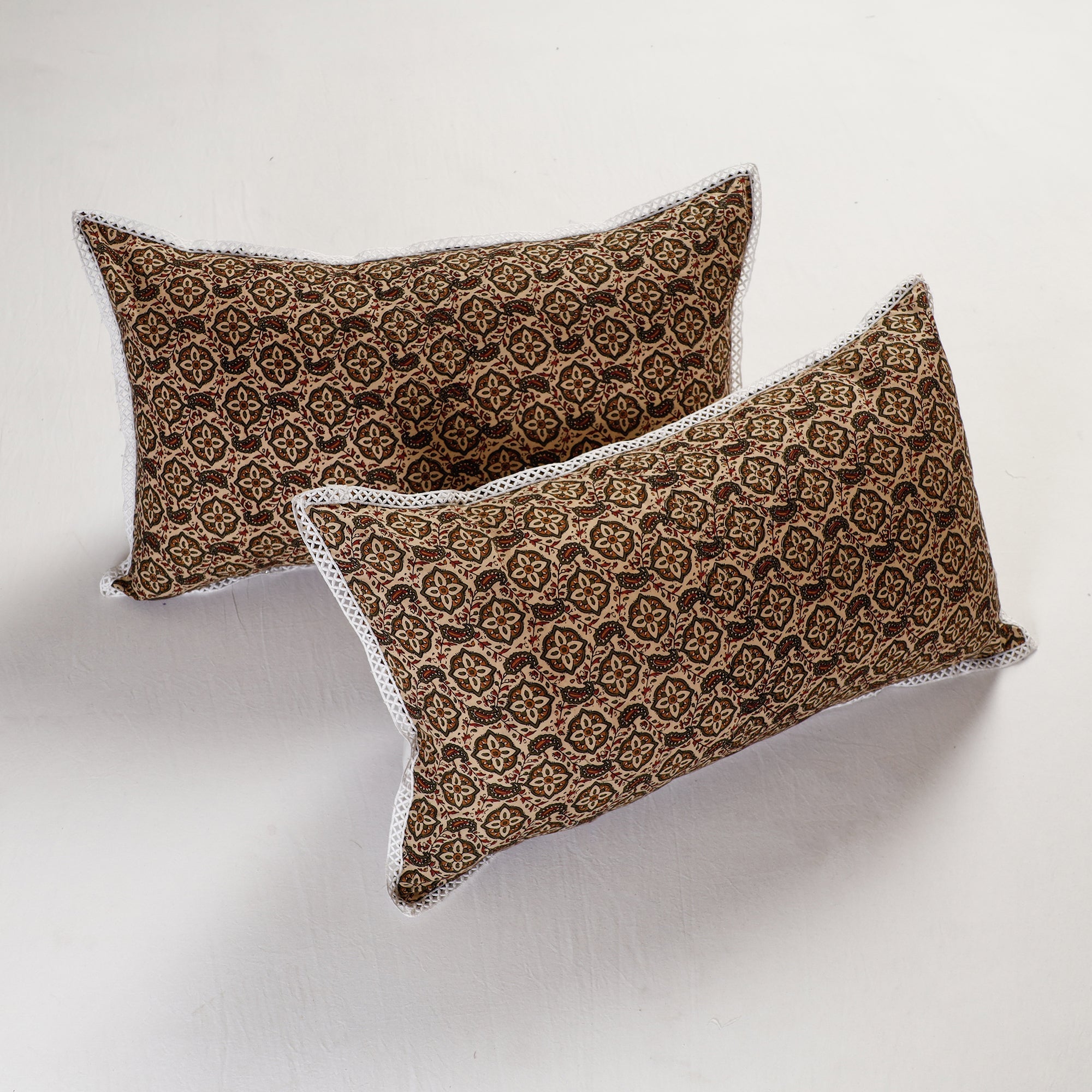 HAVELI CHRONICLES Black - Sanganeri Block Printed Cotton Pillow Cover With Lace (26 x 16 in) - Set of 2
