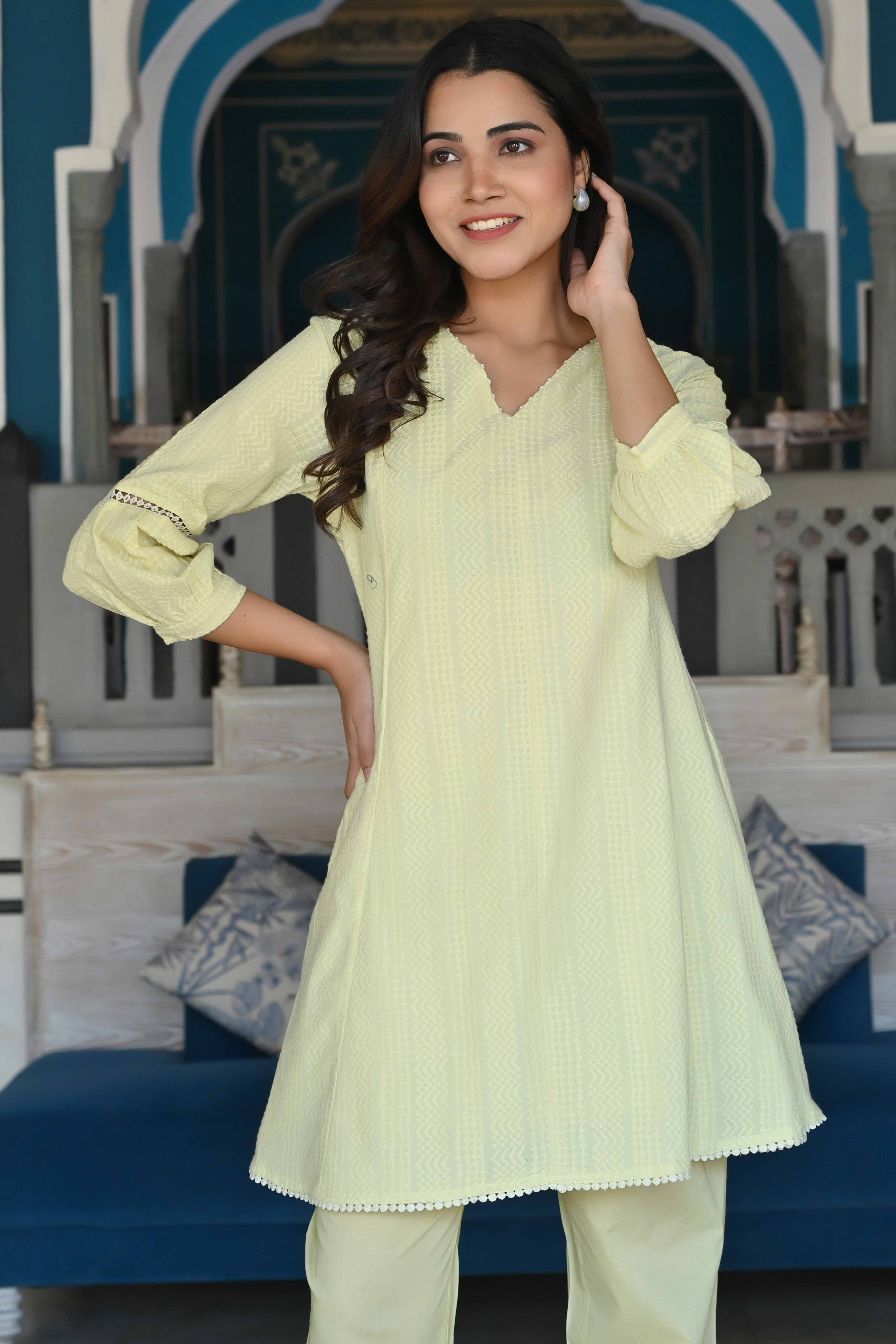Peachmode Lemon Yellow Dobby Work Pure Cotton Co-Ord Set - view 10