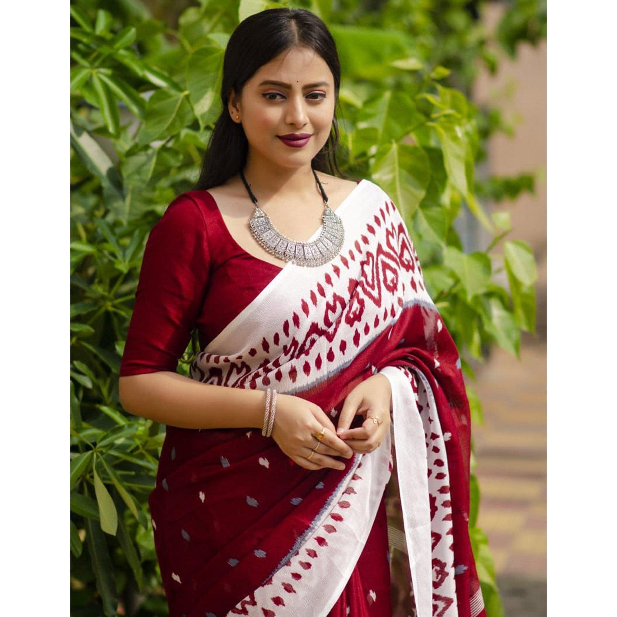 Peachmode Maroon Digital Ikkat Printed Linen Saree - view 4