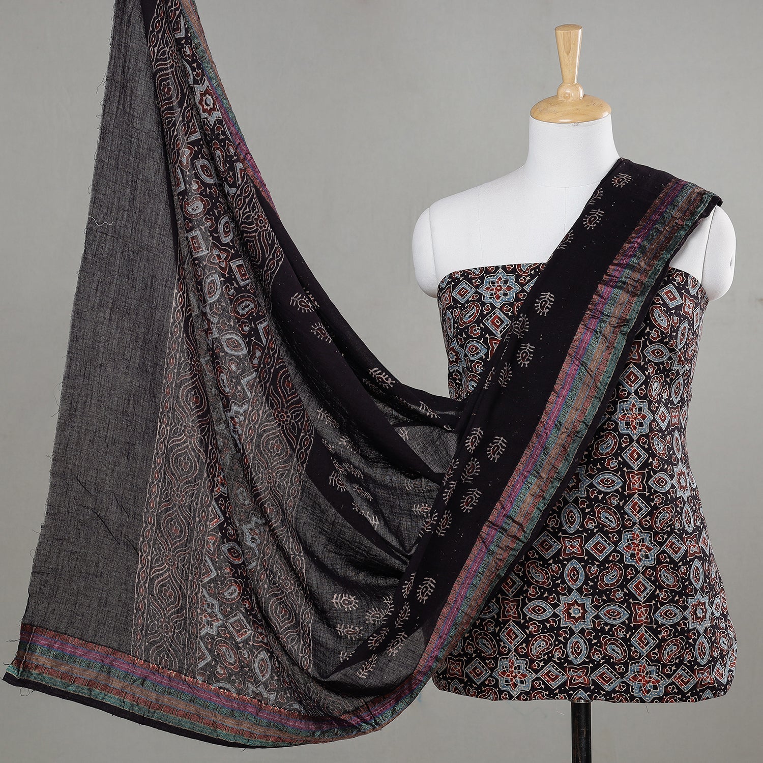 KACHCHH JI CHHAAP Black - 3pc Ajrakh Block Printed Cotton Suit Material Set