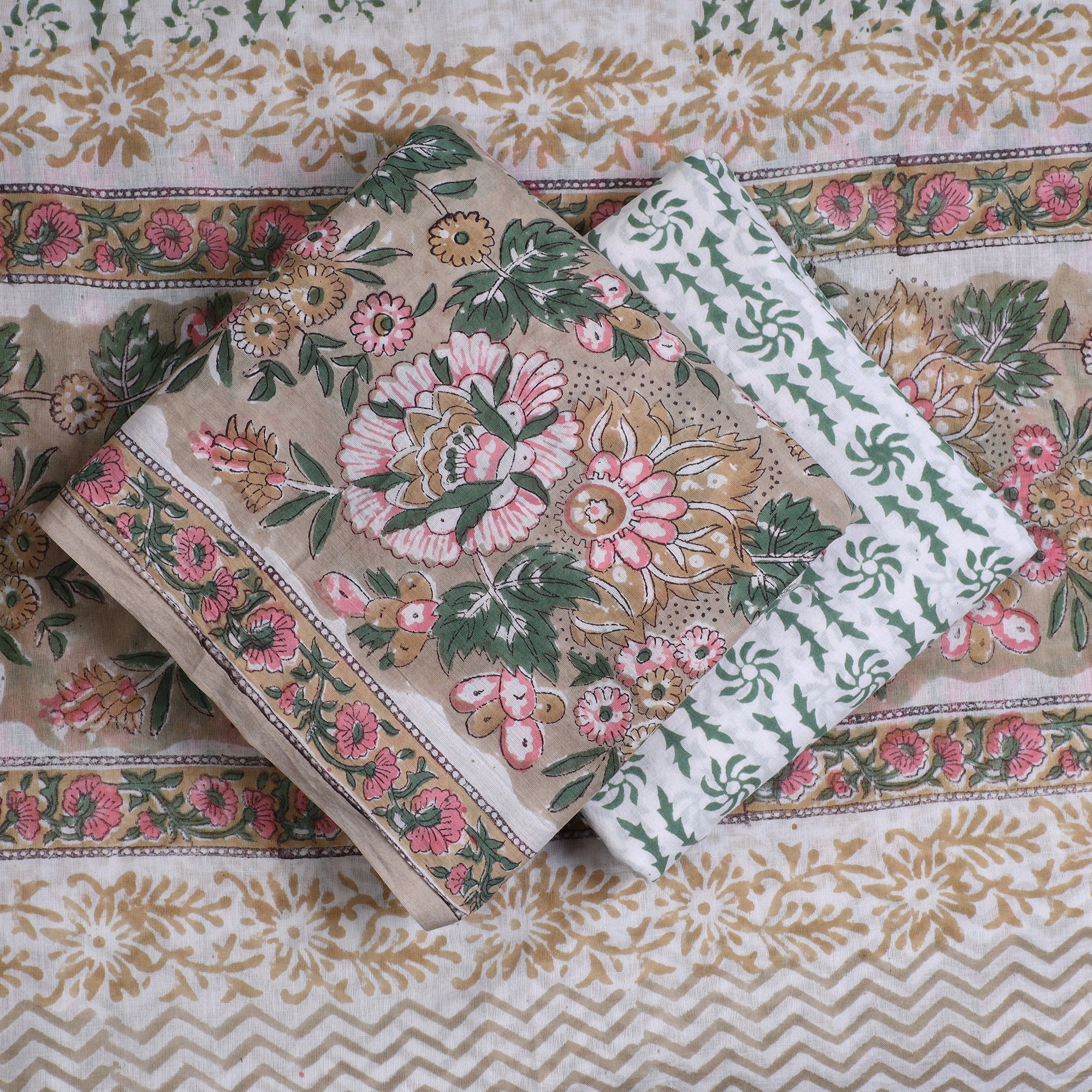 ARTISAN HAND BLOCK PRINTS Brown - 3pc Sanganeri Block Printed Cotton Suit Material Set 19 - view 2