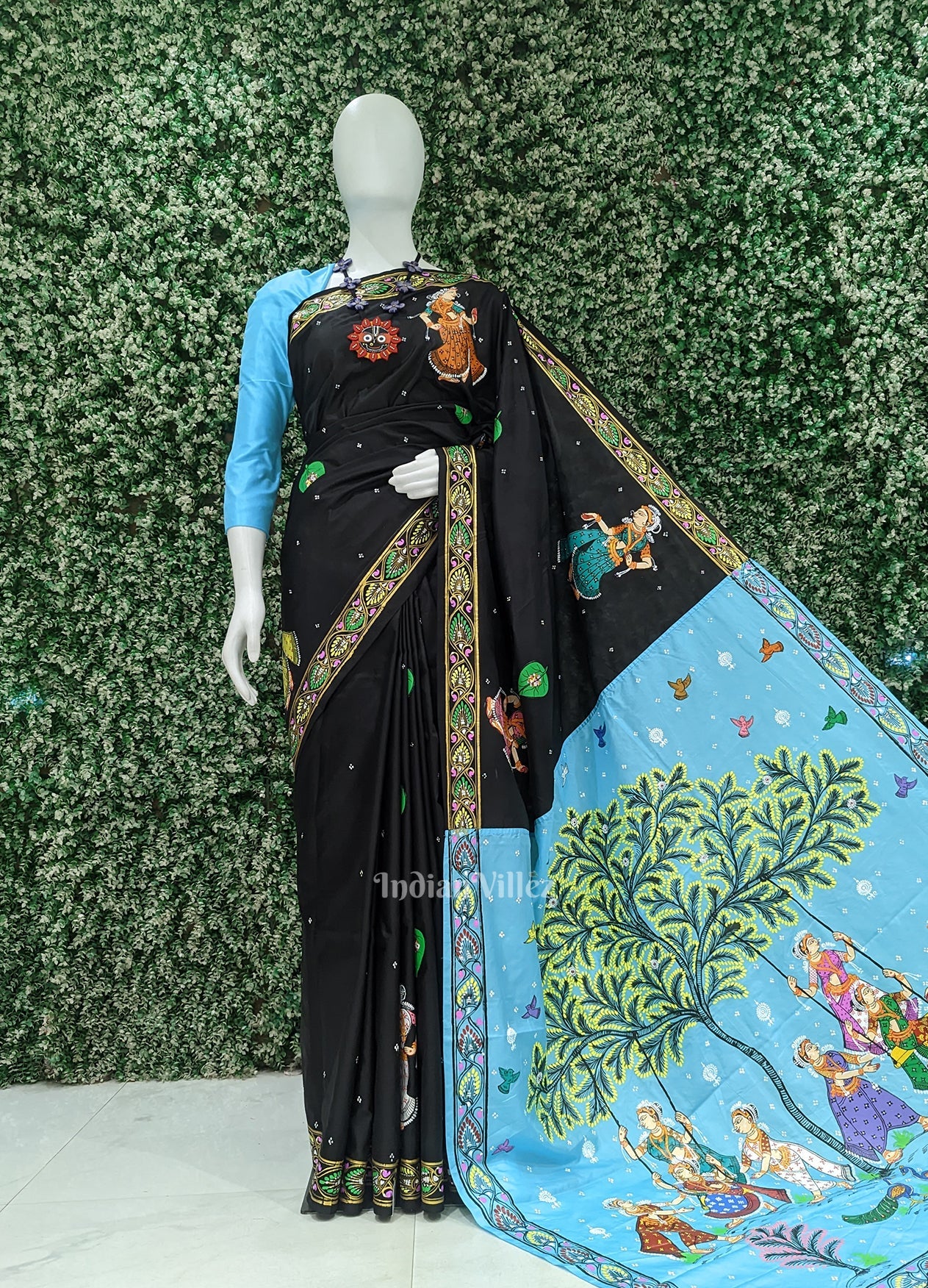 IndianVillèz Black Blue Raja Doli Theme Hand-Painted Pattachitra Saree