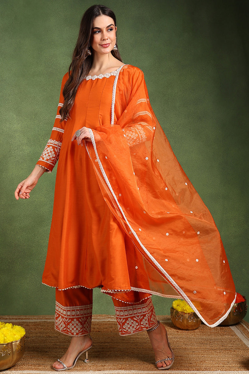 Ahika Orange Silk Blend Solid Embroidered Anarkali Suit Set PKSKD2760 - view 2