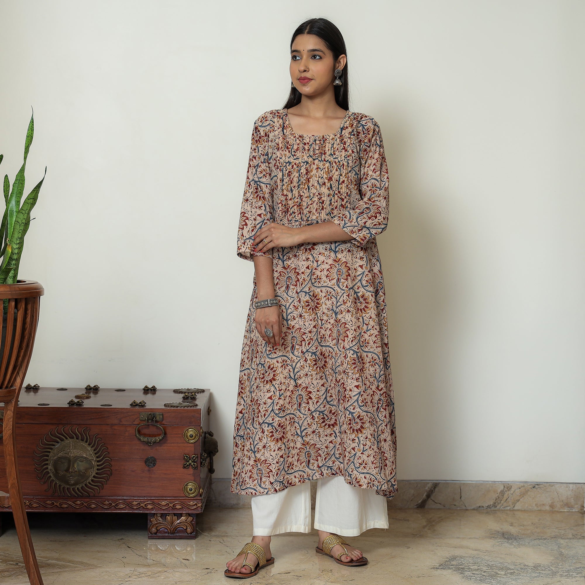 ITOKRI CASUALS Beige - Kalamkari Hand Block Printed Mul Cotton Pintuck A-Line Kurta 02 - view 2