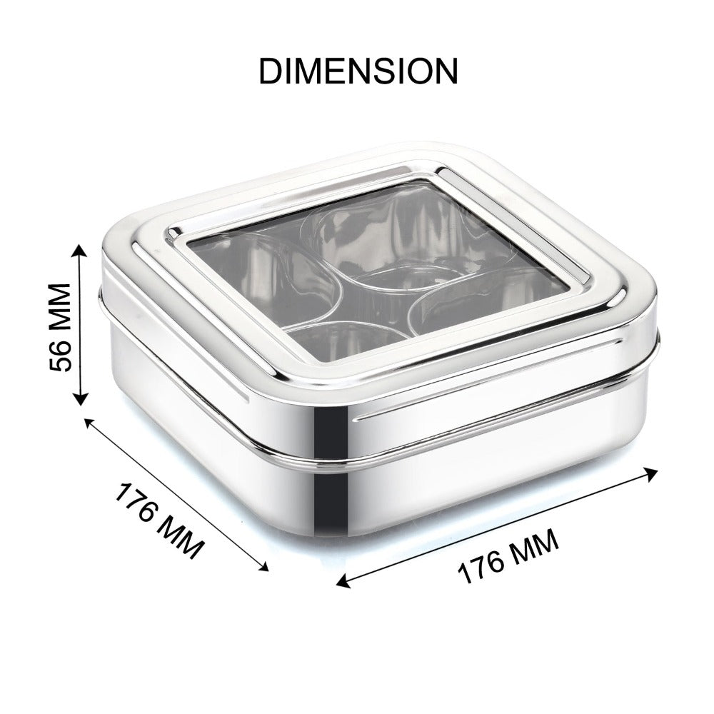 AVIAS Square Stainless Steel Spice Box with See-Through Glass Lid | 4 Compartments and 1 Spoon | Silver - view 4