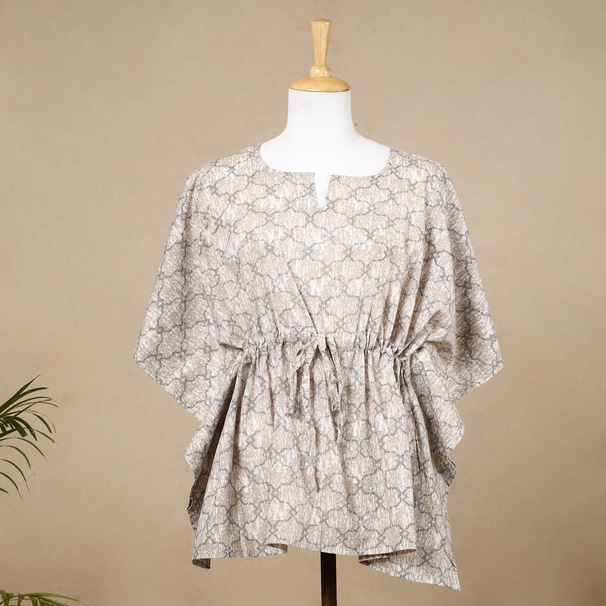 CHUTNEY CRAFT STUDIO Brown - Hand Block Printed Cotton Kaftan with Tie-Up Waist (Short)