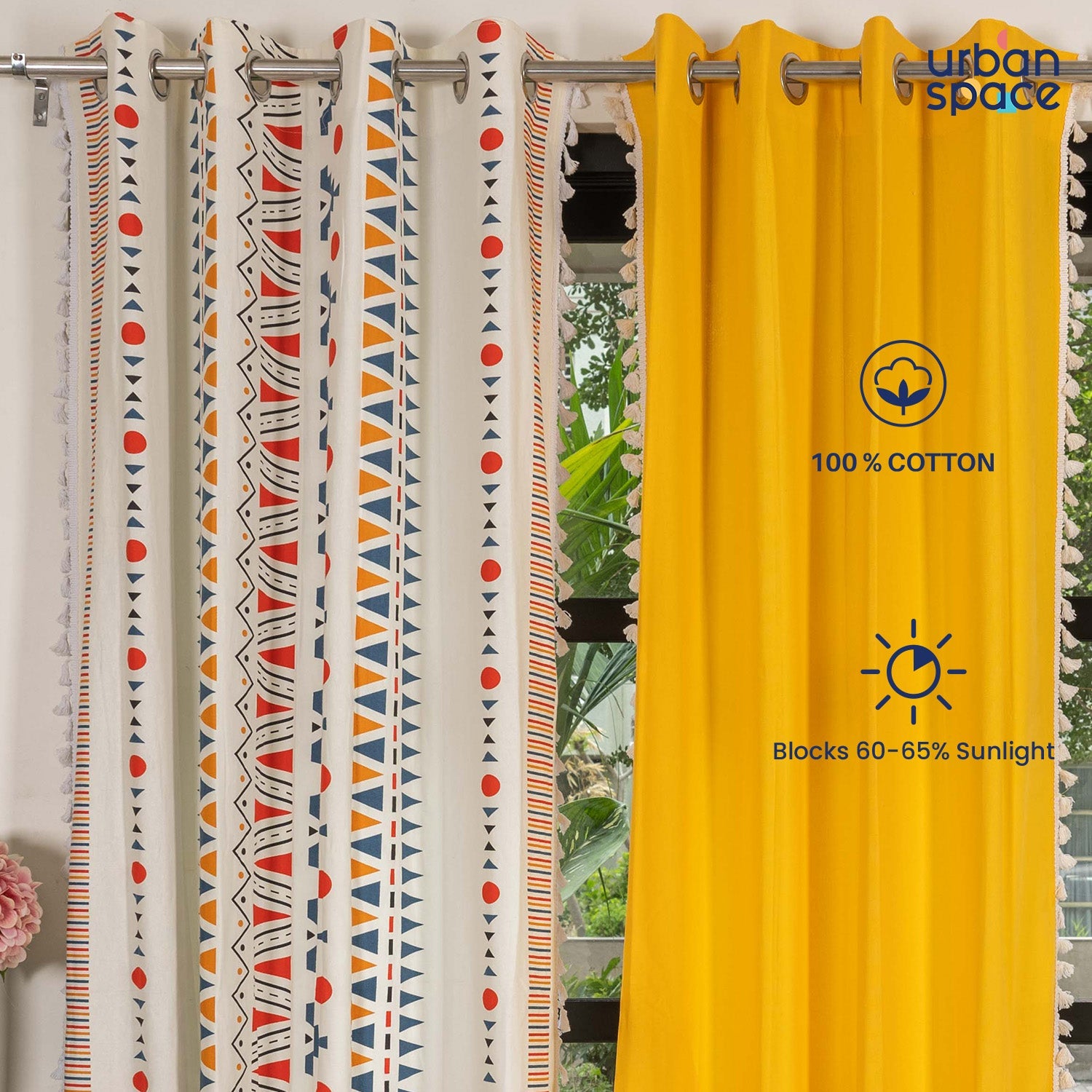 Urban Space -Home Furnishing Store Cotton Curtains Combo, Set of 3 curtains, 60-65% Room Darkening Curtain - Orange & Aura Yellow - view 2