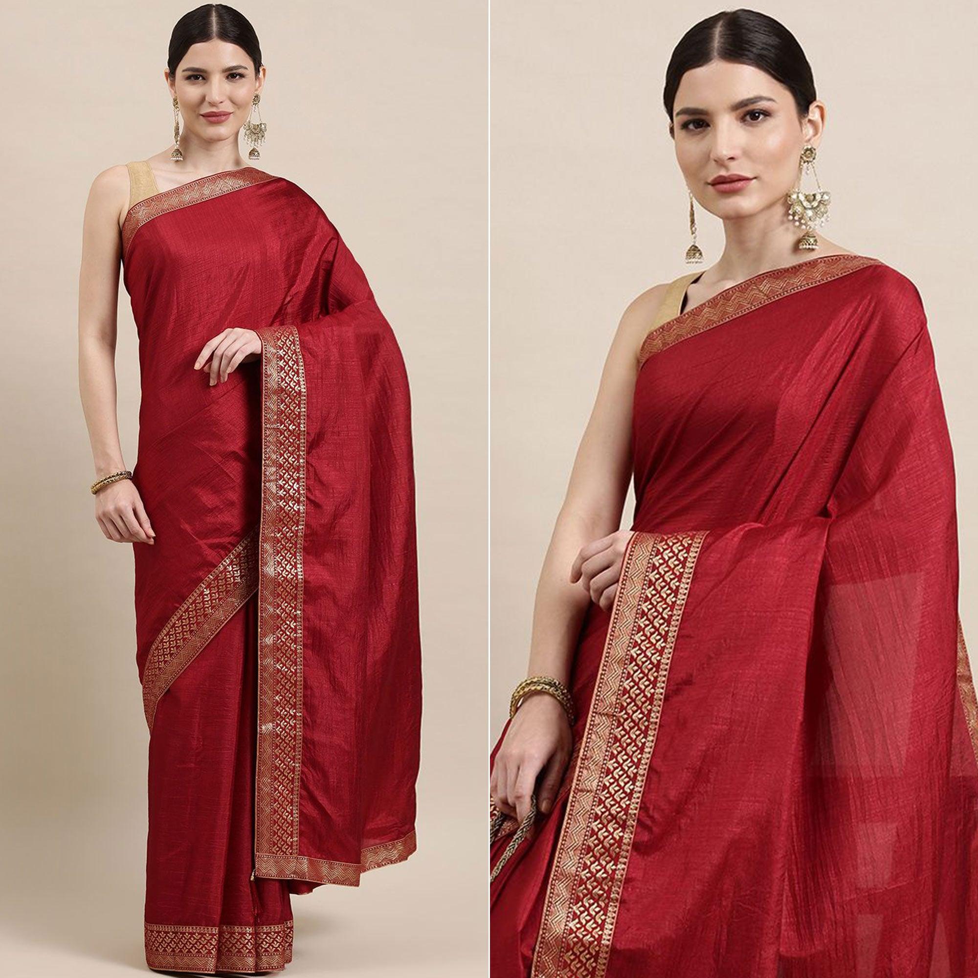 Peachmode Maroon Solid With Woven Border Vichitra Silk Saree