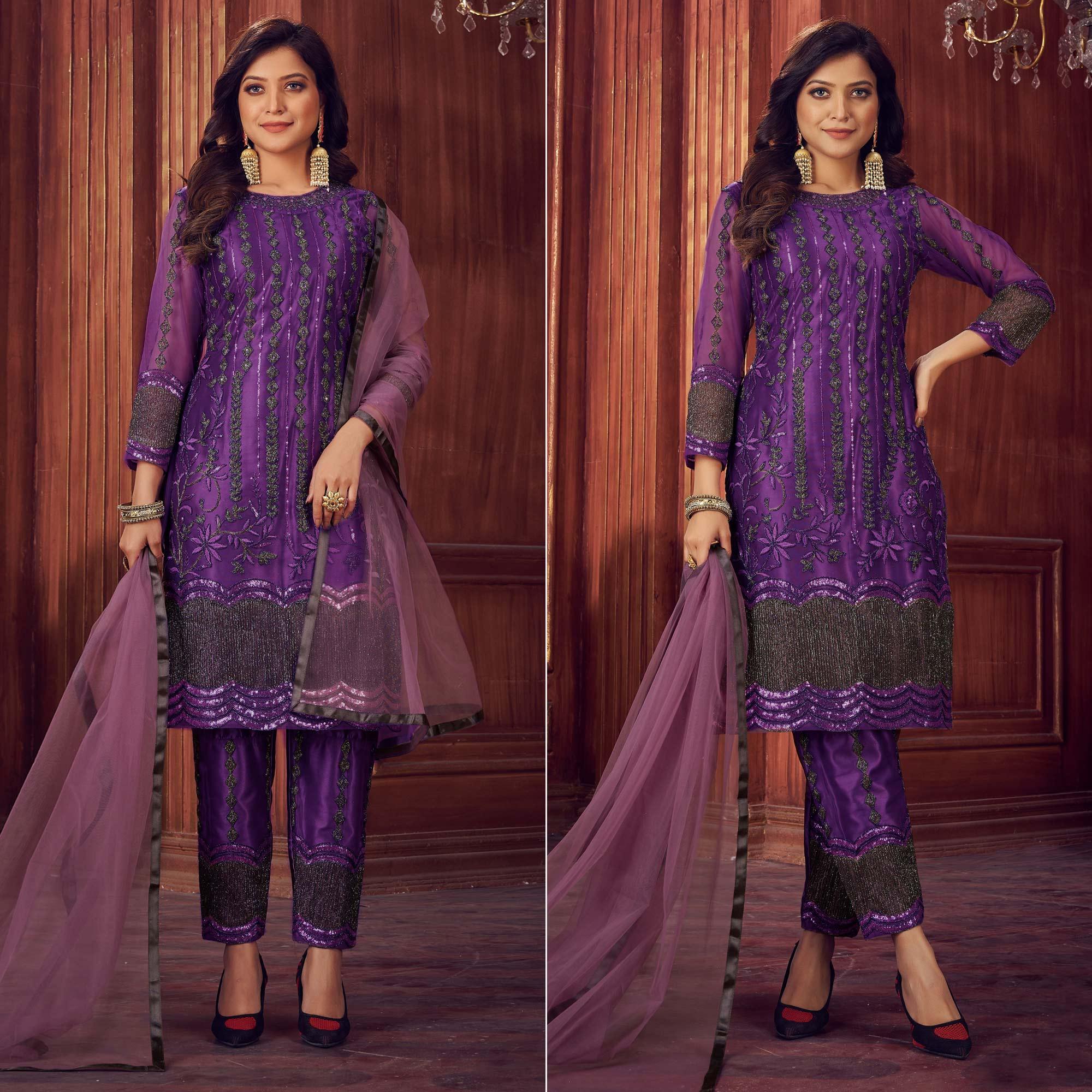 Peachmode Dark Purple Embroidered Netted Suit