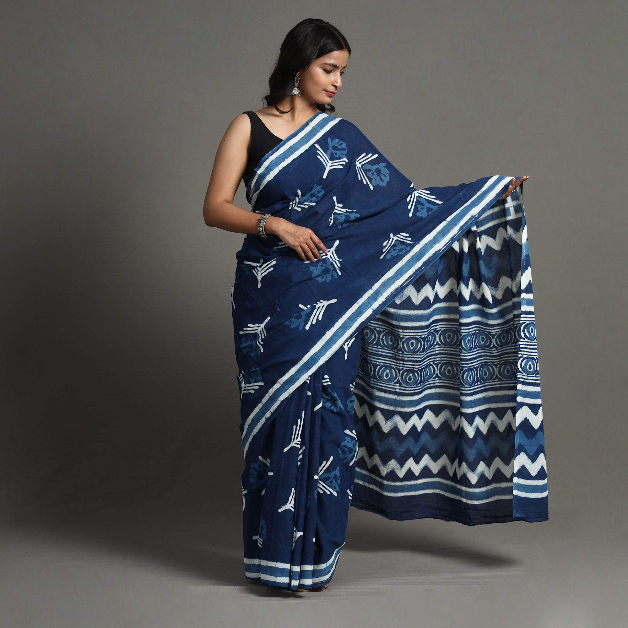 ARTISAN HAND BLOCK PRINTS Blue - Bagru Dabu Block Printed Mul Cotton Saree - view 2