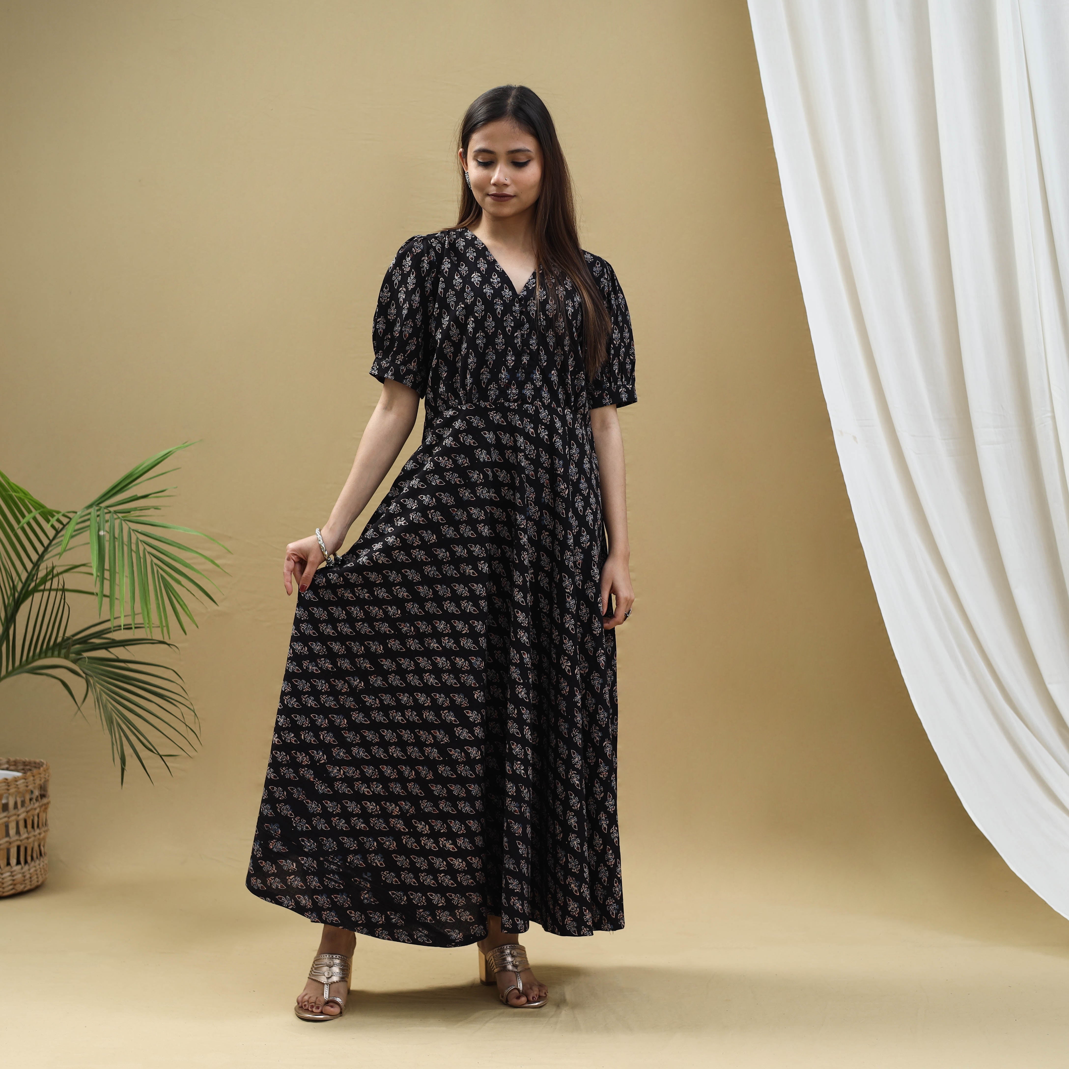 ITOKRI CASUALS Black - Block Print Cotton Flared Ajrakh Dress 05 - view 5