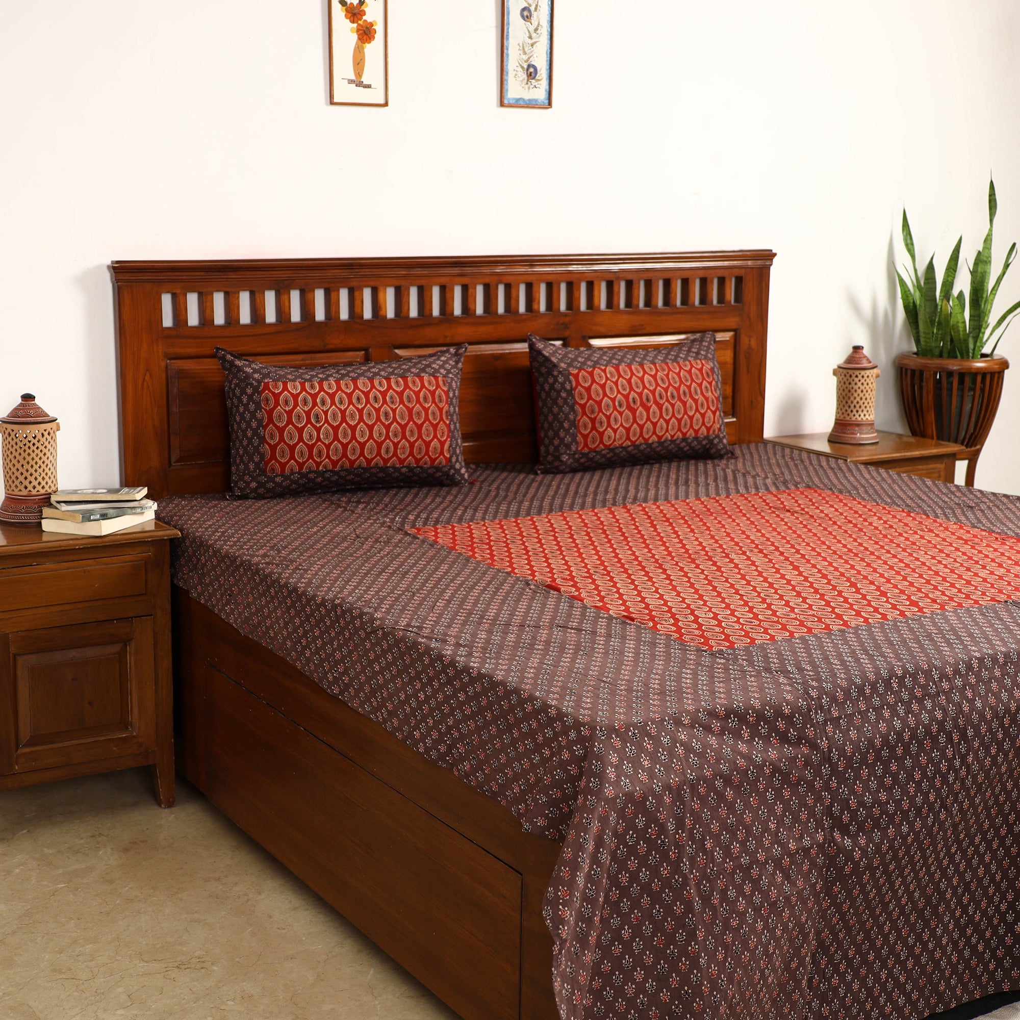 NOORI BAZAR Brown - Ajrakh Block Printed Patchwork Cotton Double Bed Cover with Pillow Covers (108 x 90 In)