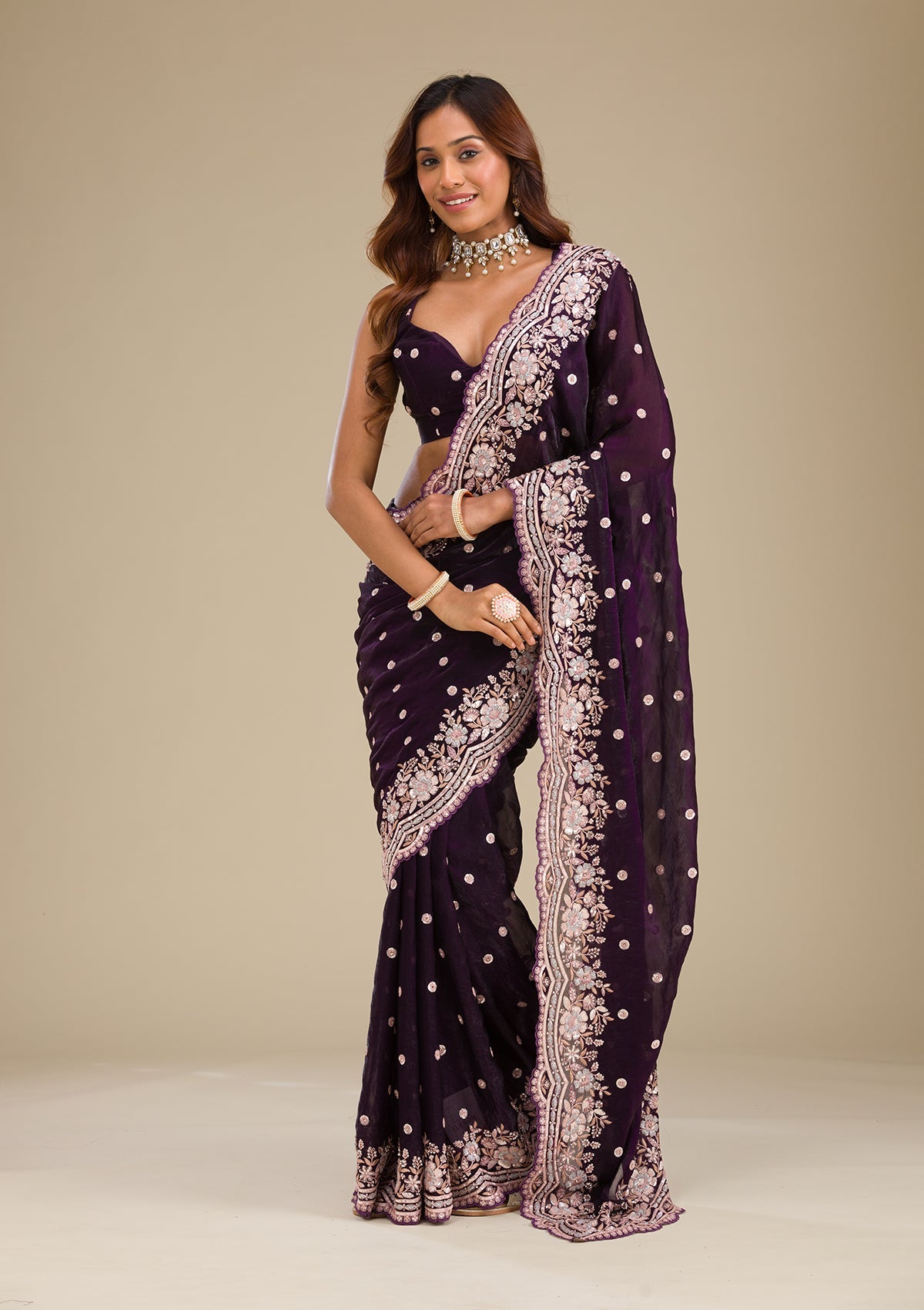 Koskii Purple Sequins Semi Crepe Saree – Women's - view 5
